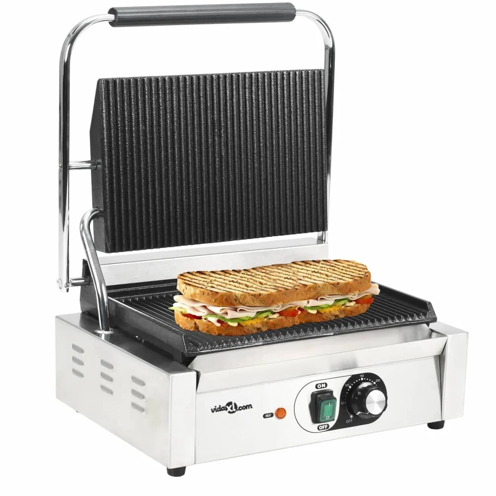 Barbacoa Panini acanalada de 2200 W con carcasa de acero inoxidable, placas de hierro fundido de 43 x 30,5 x 20 cm, regulador de temperatura, bandeja de goteo extraíble, cepillo de limpieza