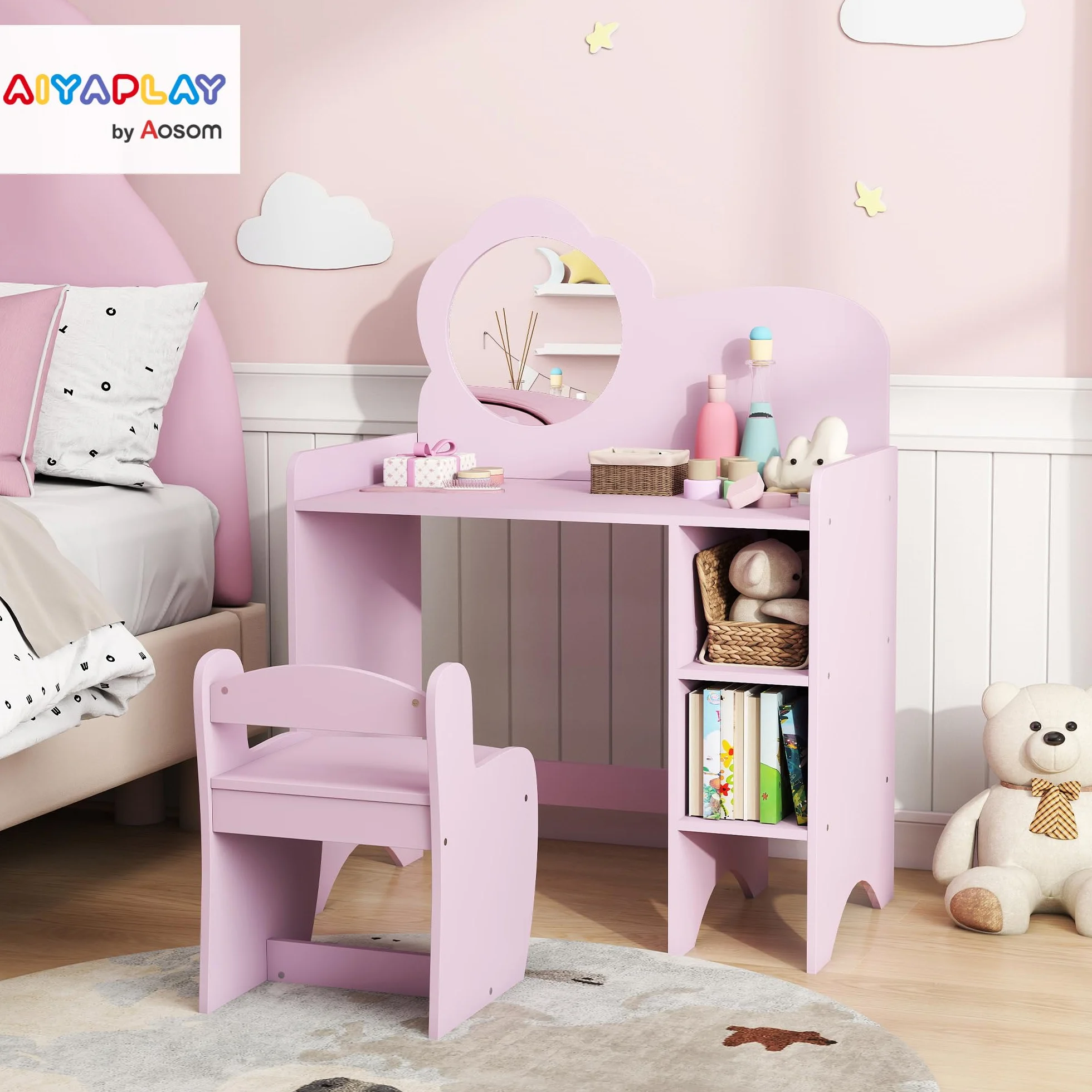AIYAPLAY Tocador de Maquillaje Niña 2 en 1 Escritorio Infantil con Taburete Espejo Flor Estantes Abiertos Morado