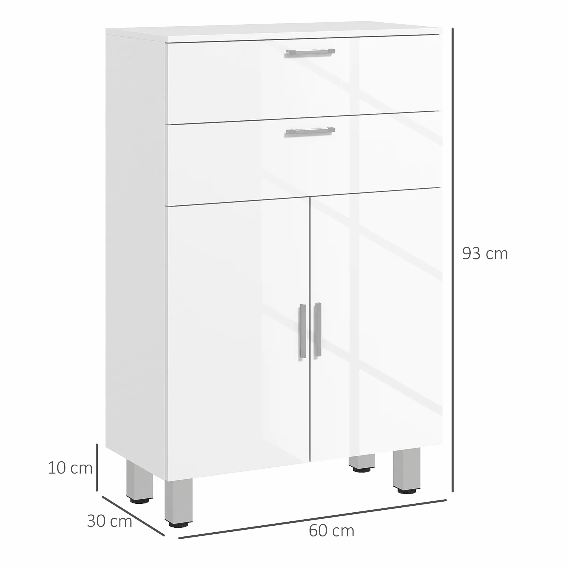 kleankin Mueble Auxiliar Baño Moderno Mueble de Baño con Estantes Ajustables y 2 Cajones Armario Mueble de Almacenaje para Dormitorio Salón Antivuelco Blanco Brillo Carga 35 kg 60x30x93 cm