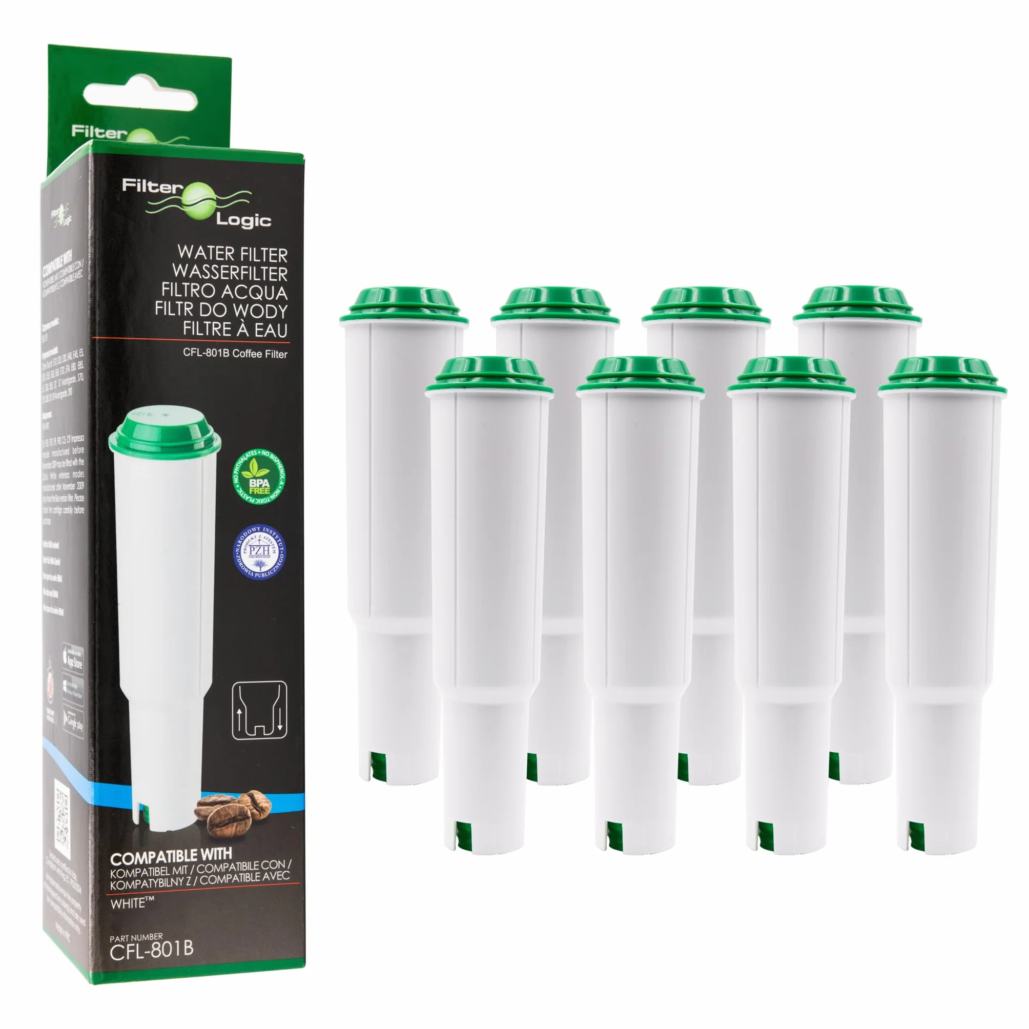 FilterLogic CFL-801B | 8x Filtro de agua compatible con JURA máquina de café espresso con WHITE 60209 68739 62911 cartucho filtrante para cafetera automática