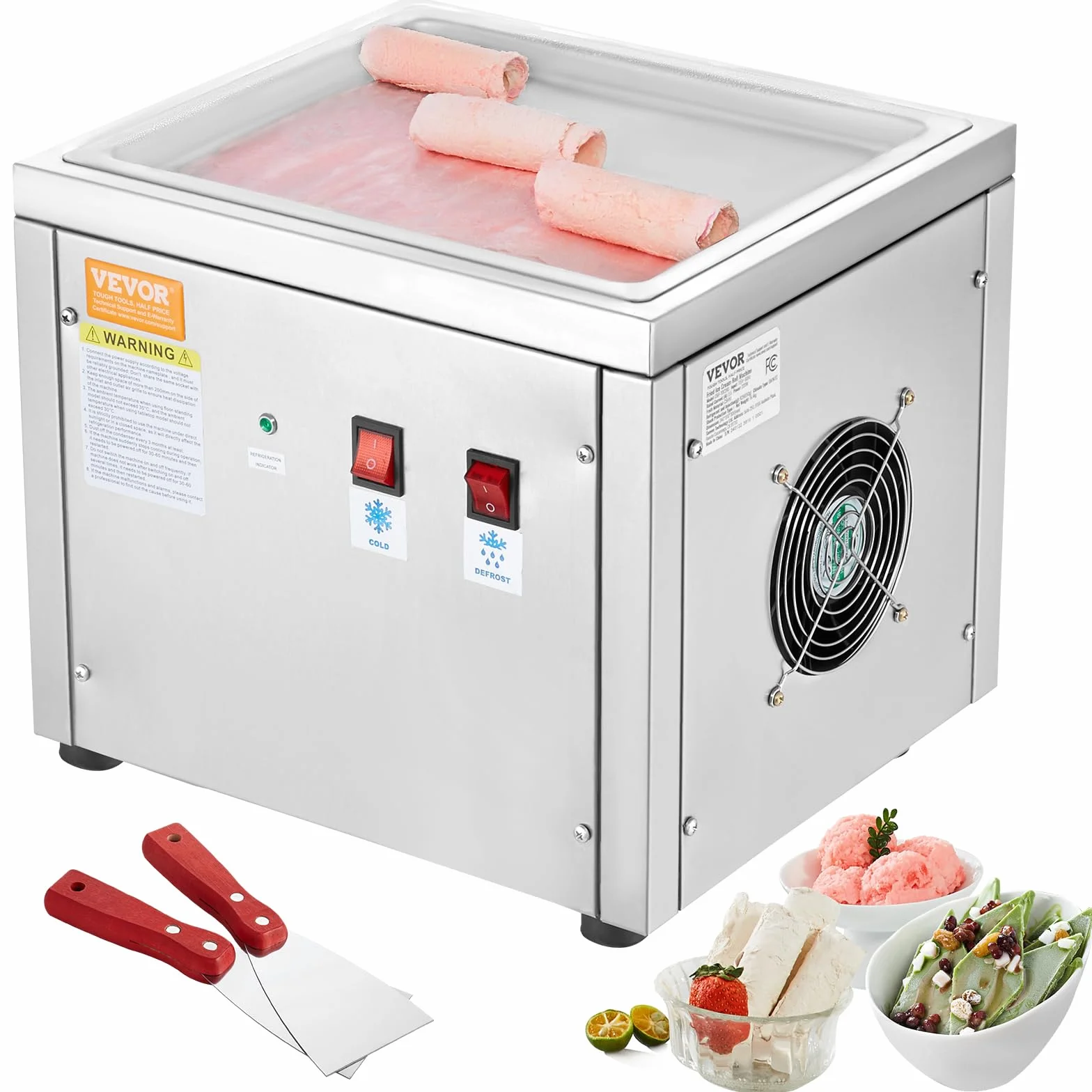 VEVOR Máquina para Hacer Helados Fritos Bandeja para Helados Fritos de 28 x 24 cm Plancha para Helados Enrollados de Acero Inoxidable con Compresor y 2 Raspadores para Hacer Helados, Yogur Helado