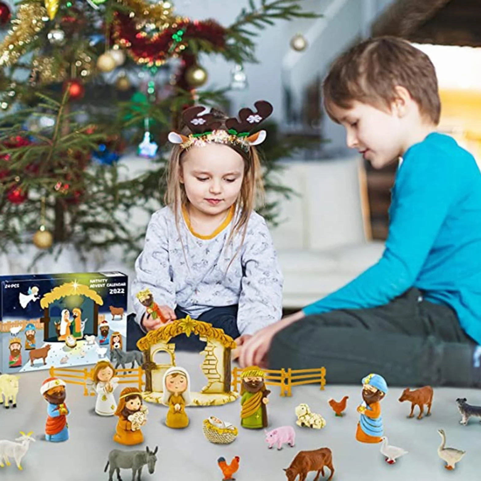 Juego de 24 figuras de belén de la Sagrada Familia, Magos, Pastor, Oveja, animales, vallas de resina, calendario interactivo de cuenta regresiva de Navidad para niños y jóvenes