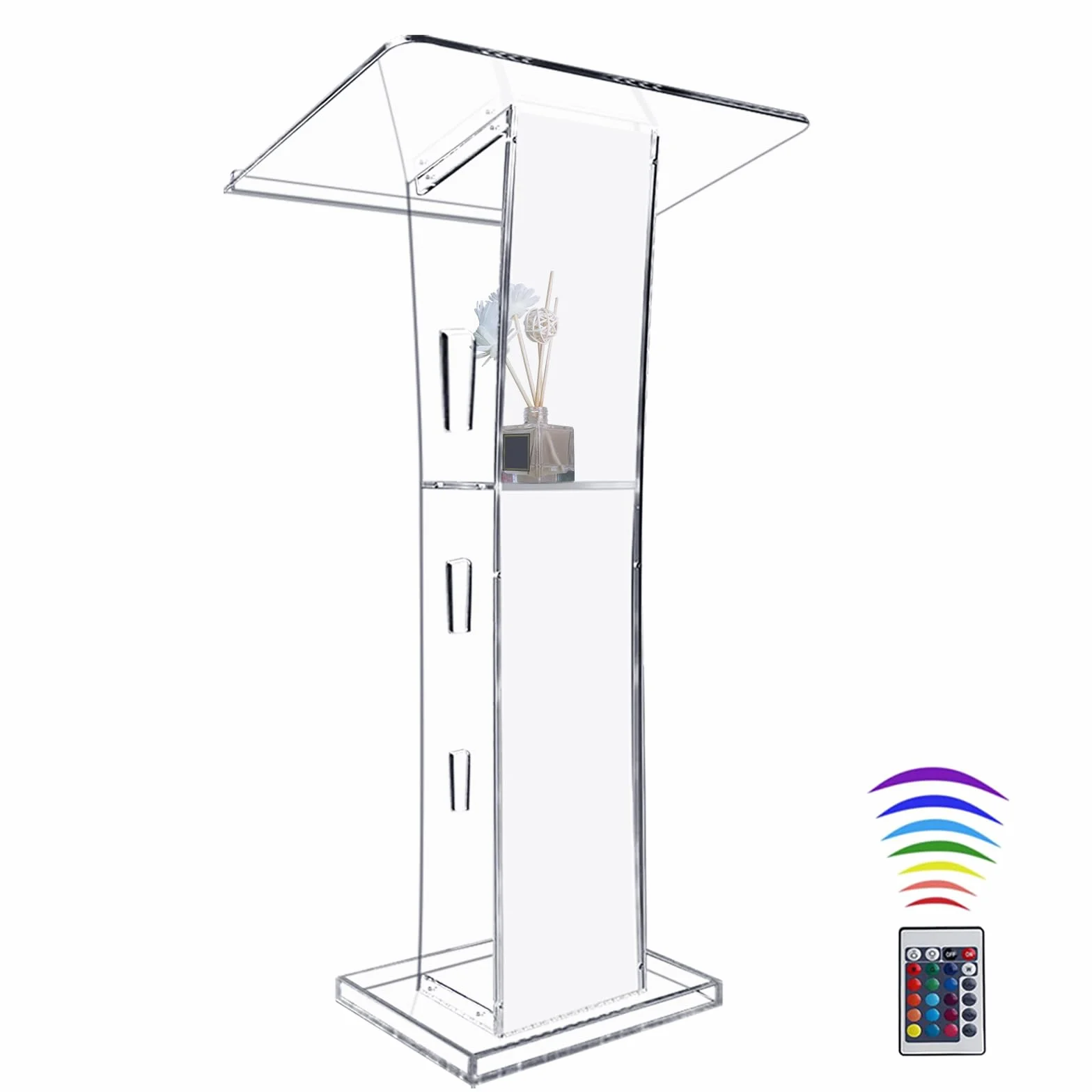 Atril Acrílico Transparente, Púlpito de 43" para Iglesias con 15 colores Ajustables, Atril Moderno con Estante de Almacenamiento para Aulas, Conferencias, Bodas y más