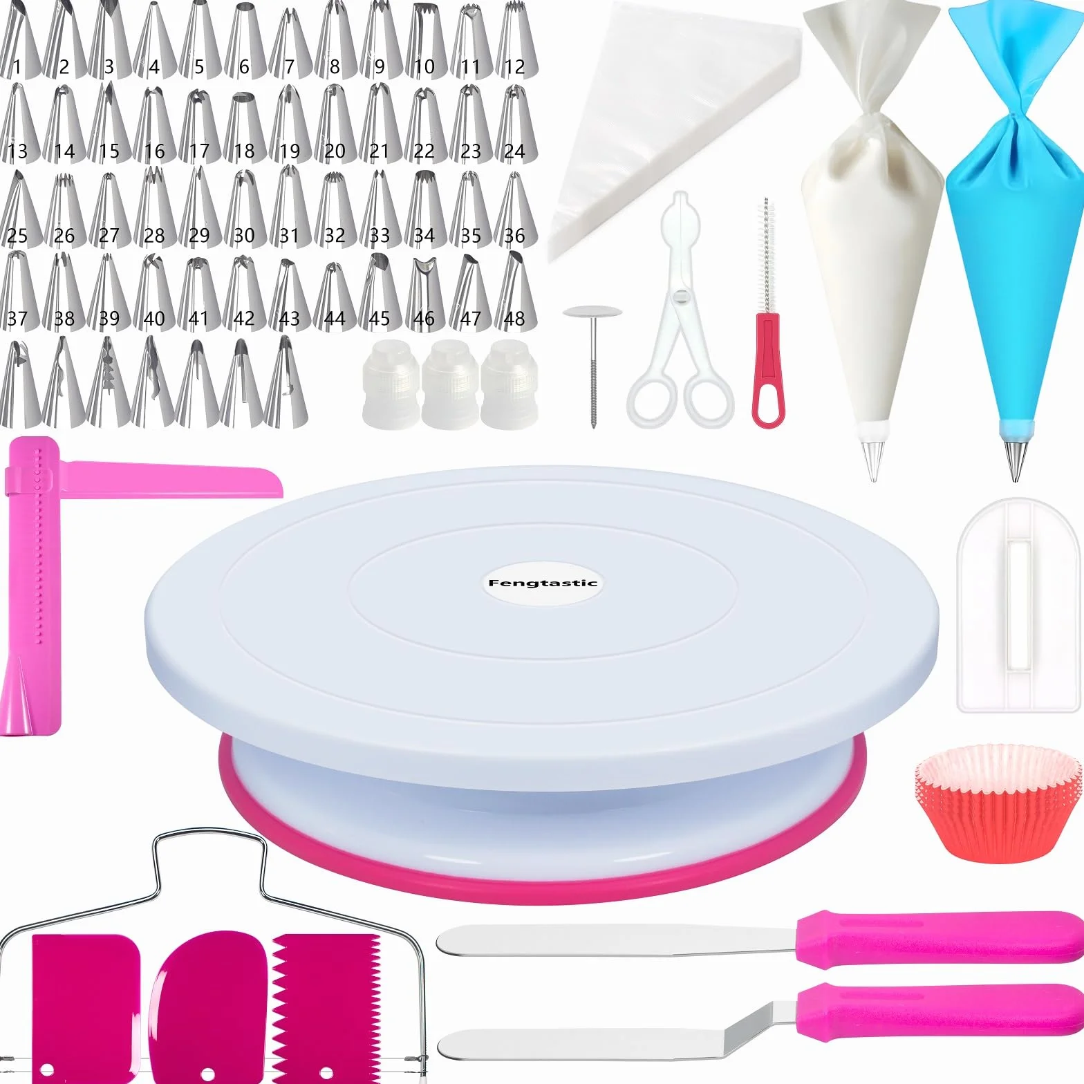 Kit de 200 piezas de suministros de decoración de pasteles para principiantes, tocadiscos de pasteles, 55 puntas de glaseado, espátula recta y compensada, 110+1 bolsas de tubería, nivelador de