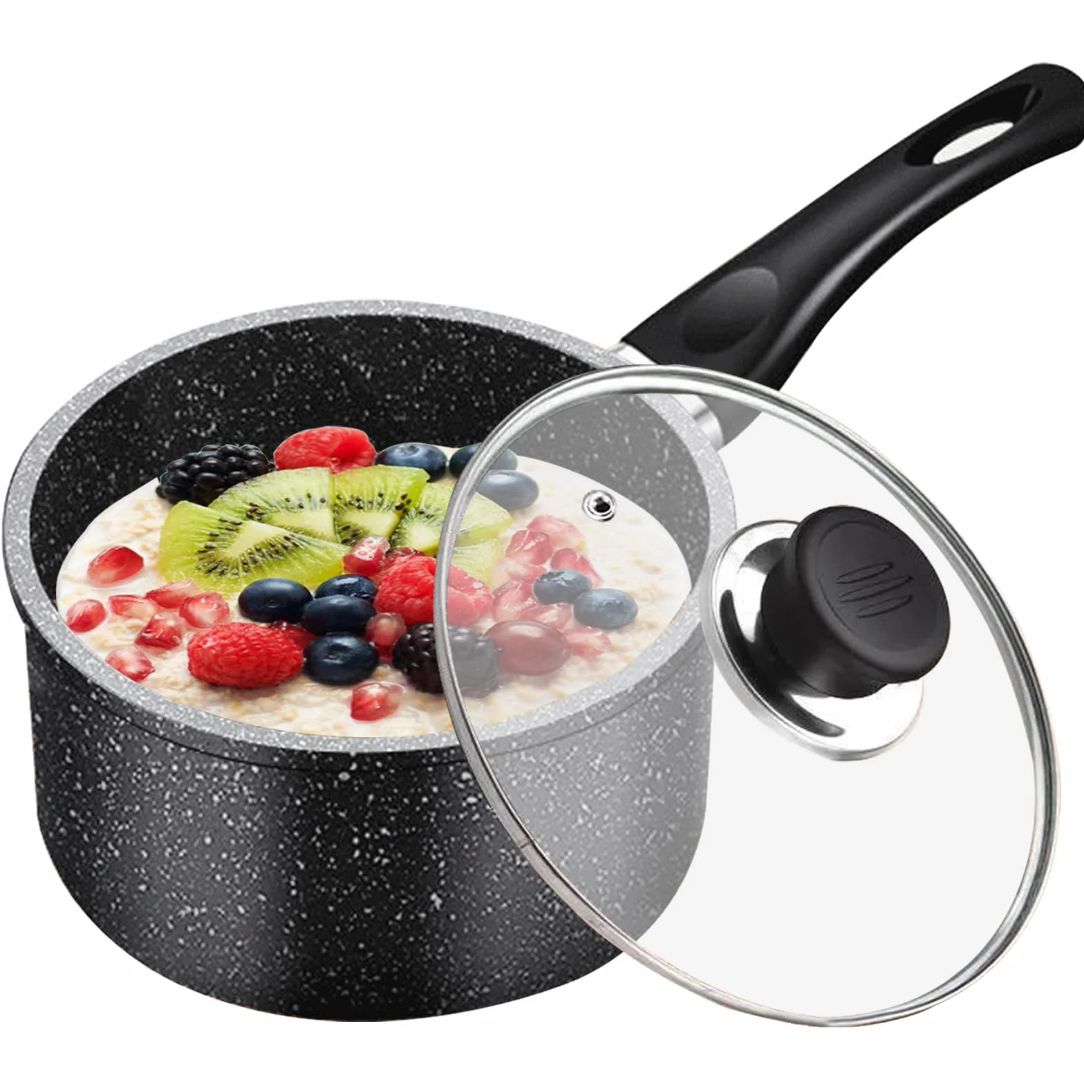 MeYuxg Olla para Leche Con Tapa, Cacerola de 18 Cm, Cacerola de Inducción de 2 L Antiadherente, con Mango Extraíble para todo Tipo de Cocinas, Universal para Cocinas de Inducción y de Gas(Negro)