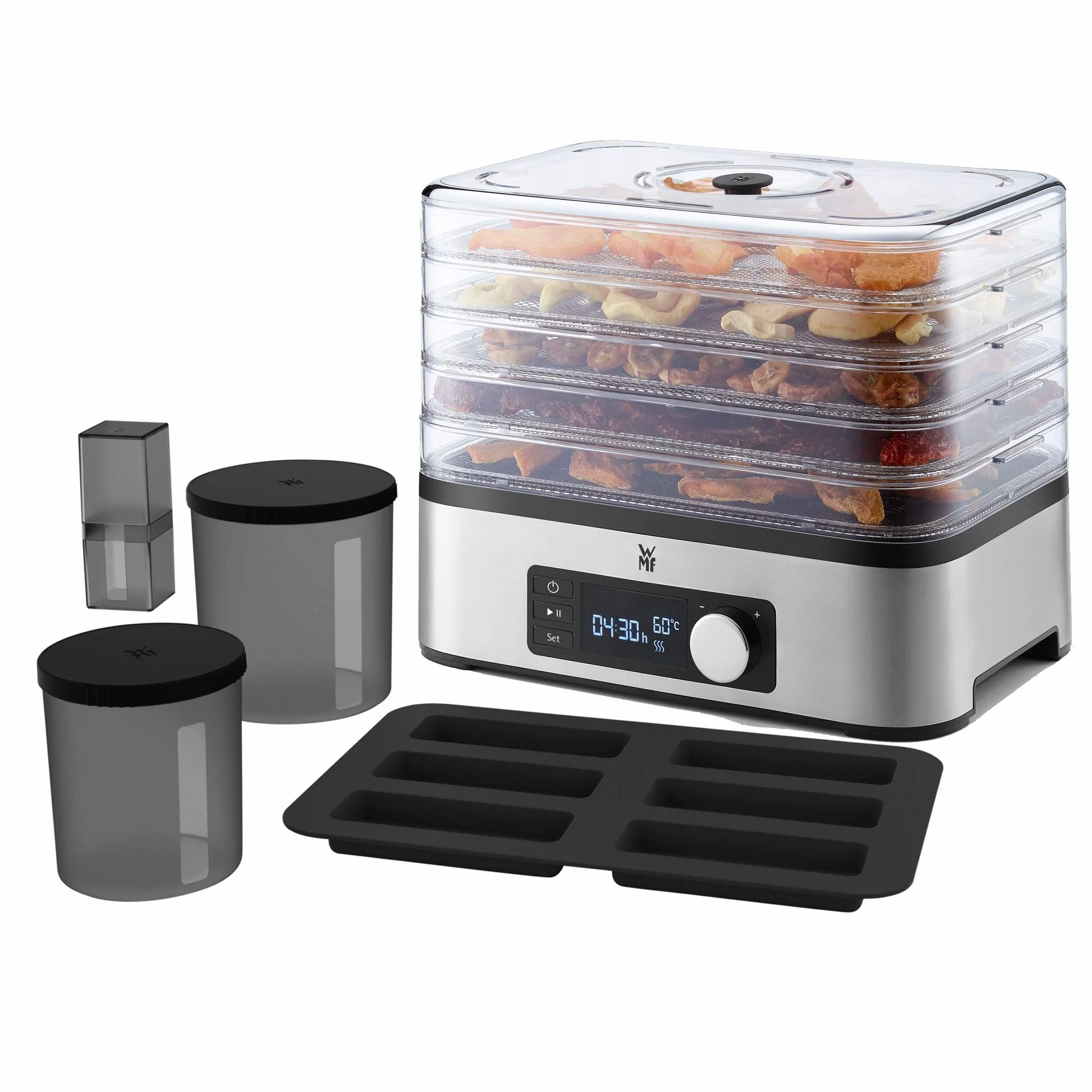 WMF Kitchenminis - Deshidratadora Snack To Go, 250 W con 5 bandejas altura regulable, pantalla LCD, 30-70ºC, libre de BPA,Tritan, Acero Inoxidable cromargan