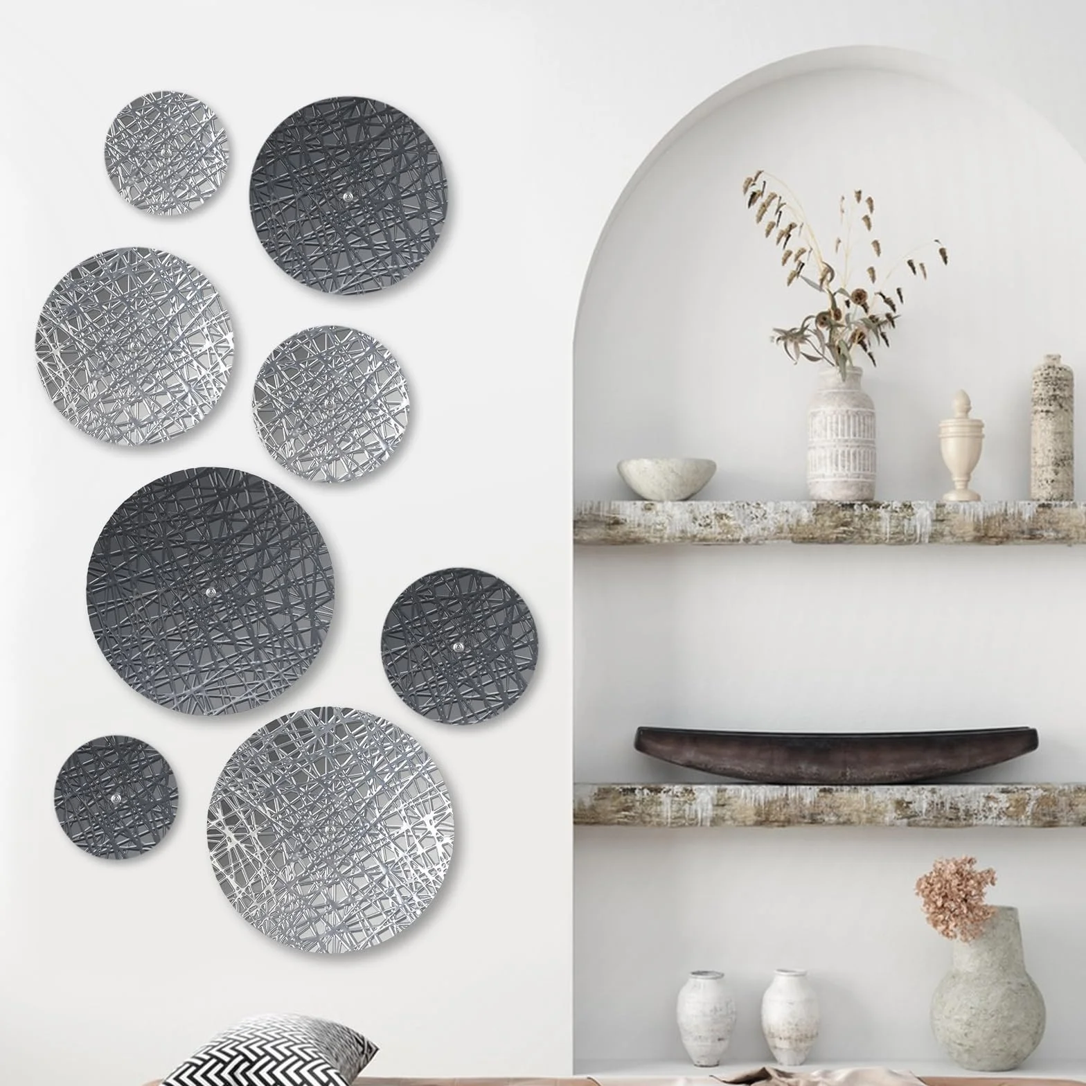 DETENE pared redonda metal Decoración,pared boho Metal redondo | 8 piezas con 4 tamaños, plateado y azul, esculturas colgantes modernas para salón, oficina, apartamento, baño