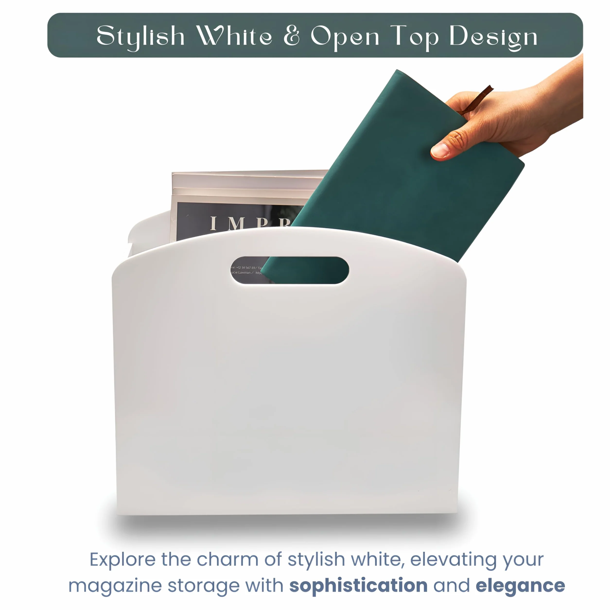 Revistero blanco – Revistero acrílico para piso, soporte de periódicos con asas, moderno Lucite para revistas y cesta de libros para baño, dormitorio, sala de estar