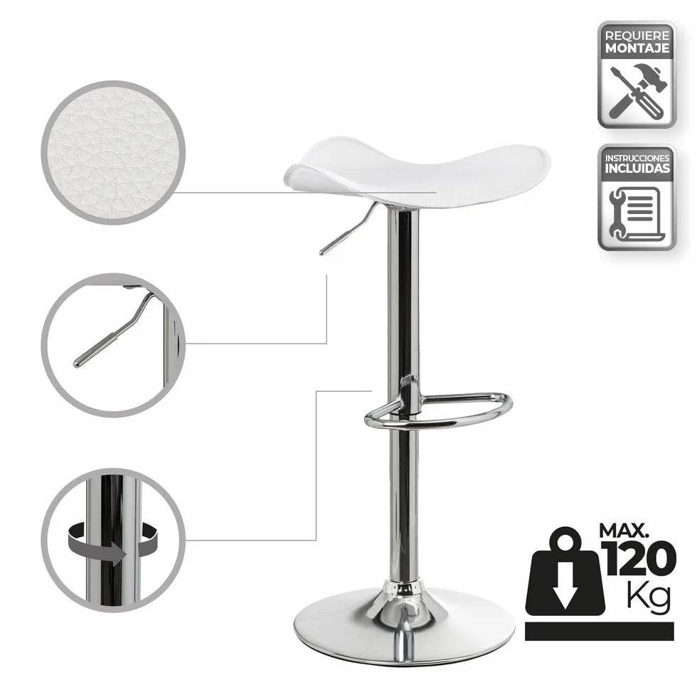2 taburetes de cocina regulables en altura blancos redondos sin respaldo | Asiento redondo tapizado en polipiel. Sin respaldo. Pie giratorio gris. Altura ajustable de 63 a 83 cm. Resiste hasta 120 kg.