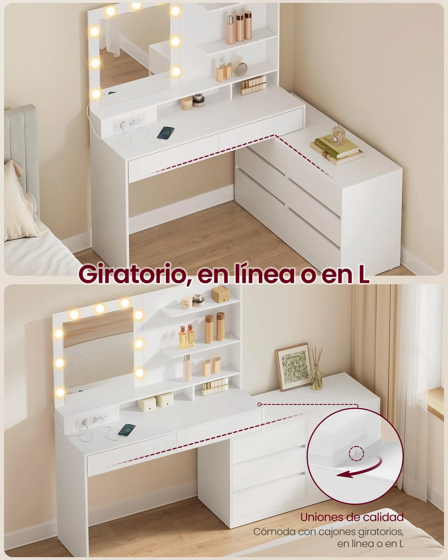 VASAGLE Kailyn Colección - Tocador con Espejo LED y Regleta, 9 Bombillas, 8 Cajones, 3 Estantes, Iluminación de 3 Colores, Modular en Línea o en L, Mesa de Maquillaje, Blanco Nube RDT140WB01