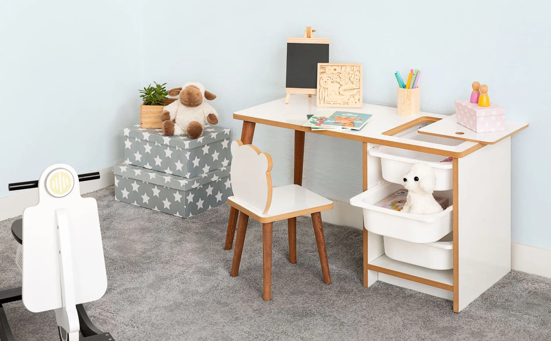 Escritorio Infantil con Silla y Cajones Pupitre Mesa de Juegos Blanco y Madera 90x42x51 cm Soho