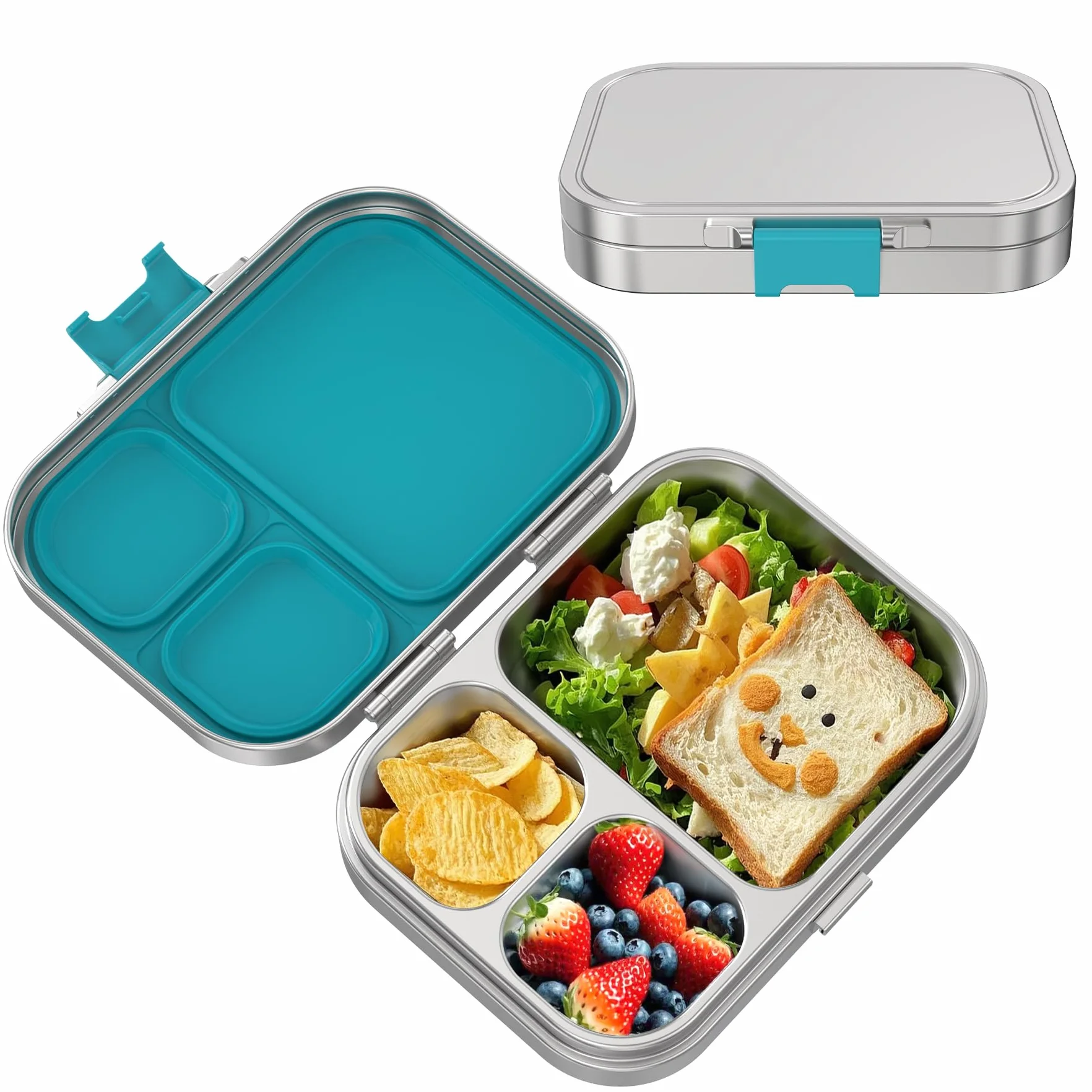 VITONIS Fiambrera de acero inoxidable para niños, fiambrera de metal Bento para niños, con 3 compartimentos y anillo de sellado, fiambrera adecuada para niños y adultos, apta para lavavajillas (azul)
