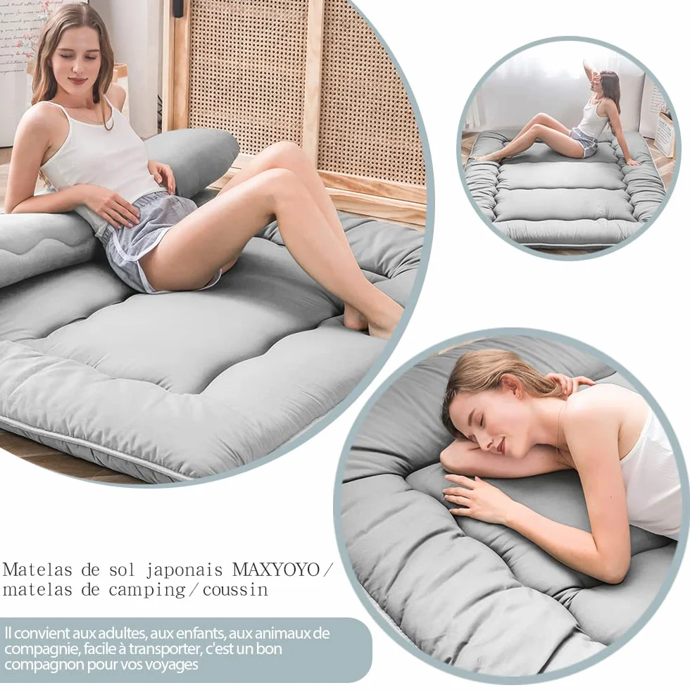 Colchón de suelo japonés, futón, tatami grueso, plegable y enrollable para dormitorio (gris, matrimonial)