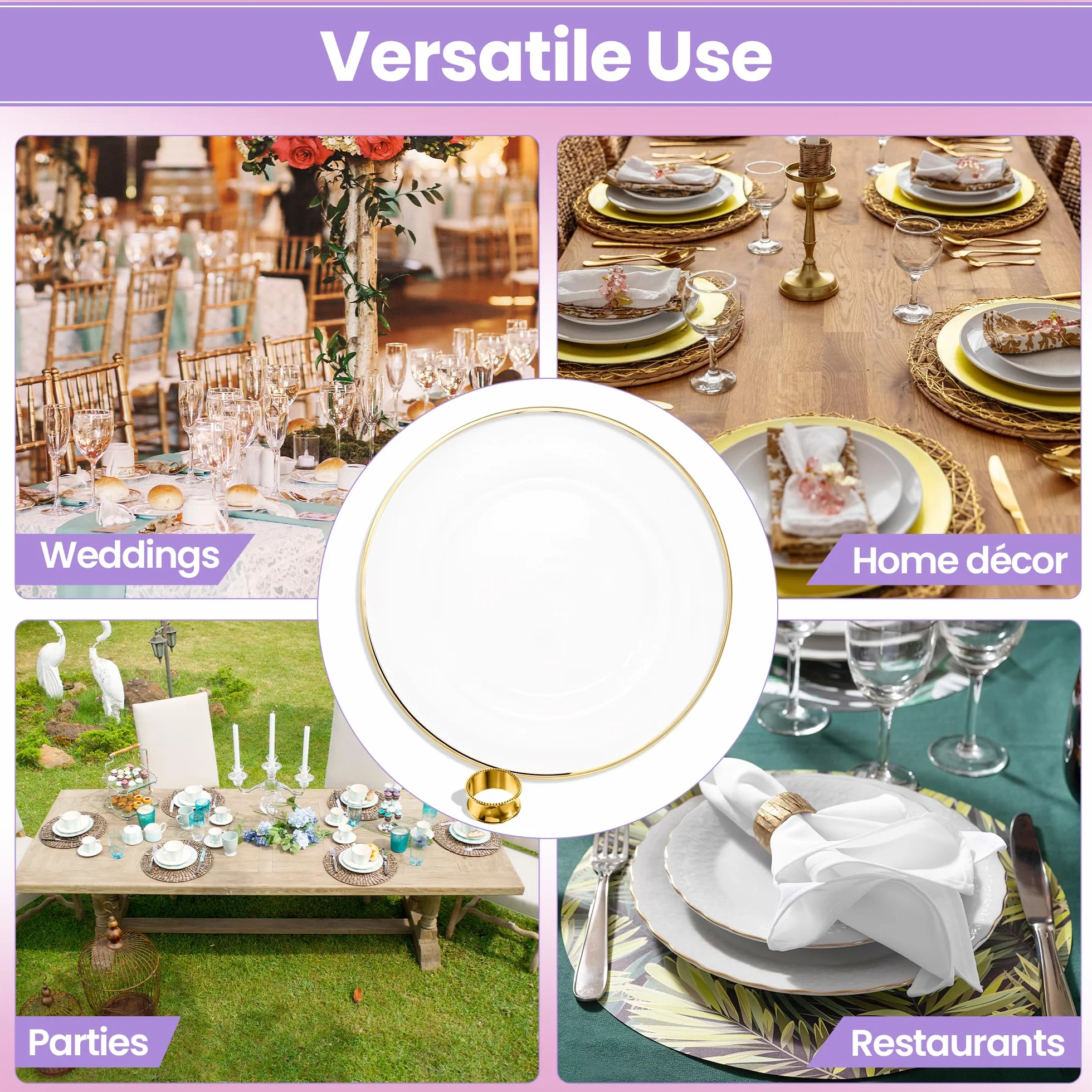 Juego de platos y servilleteros dorados – 50 elegantes platos de acrílico de 33 cm con borde dorado y 50 servilleteros martillados – Decoración de mesa de comedor para bodas, fiestas y eventos