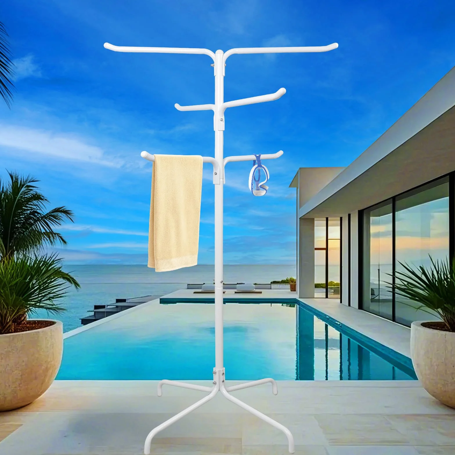 Toallero de piscina al aire libre, 6 barras de columna, toallero de pie, soporte ajustable para toallas de piscina y patio con base pesada (blanco