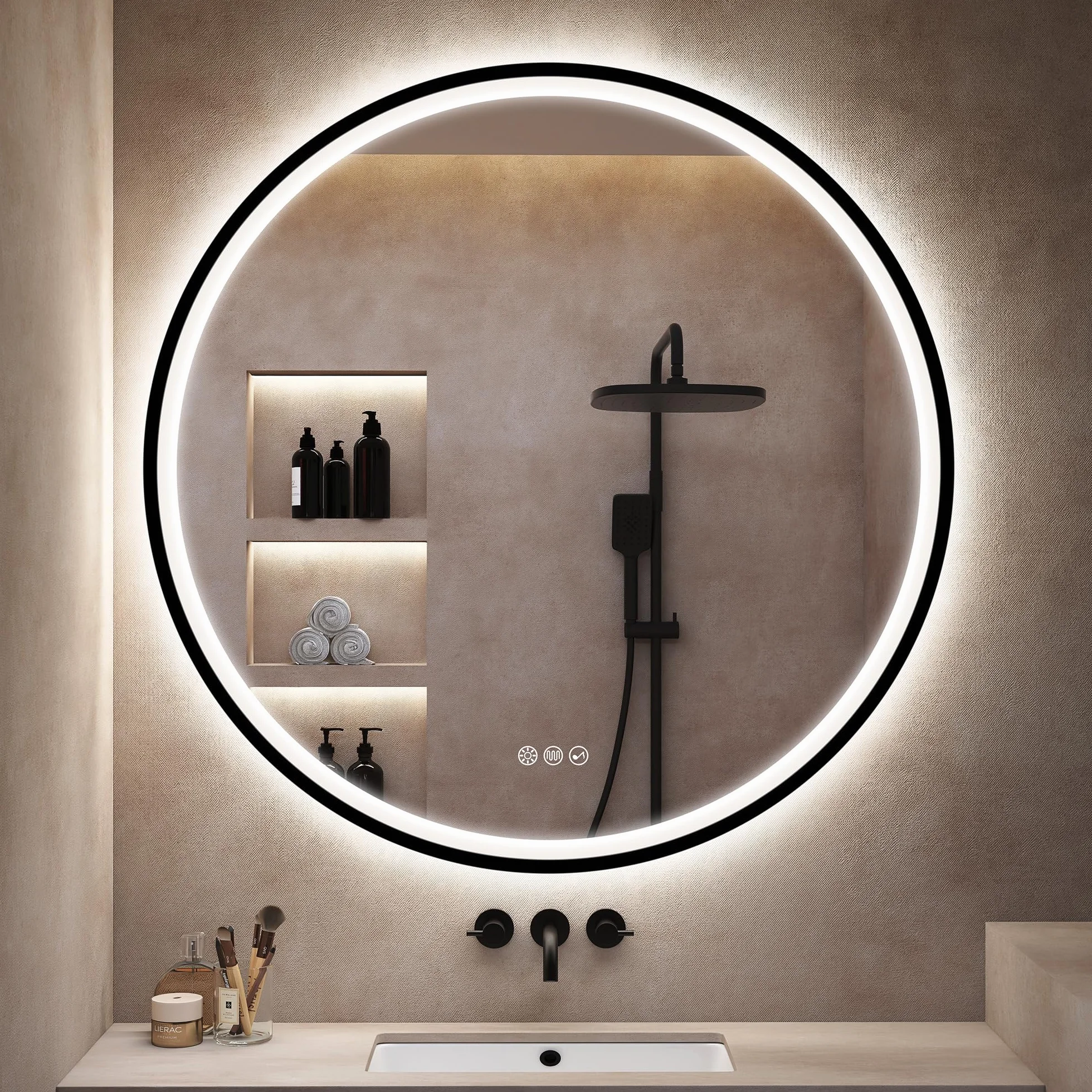 S'bagno Redondo-Espejo-Baño-con-Luz 80CM, Espejo-Baño-LED-con-Bluetooth, Antivaho, 3 Colores de Luces, Regulable, Memoria Luz, IP44, Vidrio Templado, Marco Hierro Negro