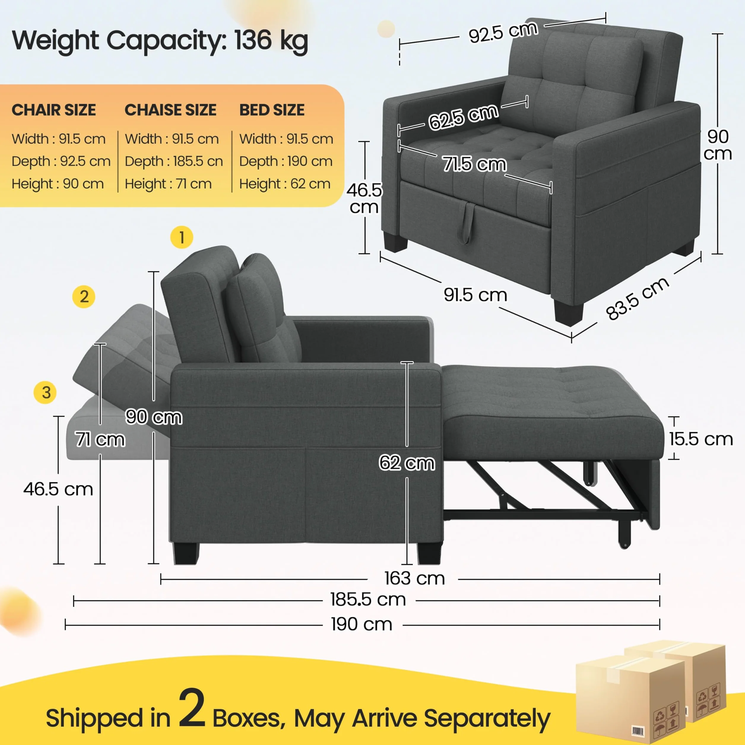 Yaheetech 3 En 1 Sofá Cama Sillón Relax Sofá Individual de 1 Plaza para Dormitorio Sala de Estar Apartamento Sofá con Respaldo Ajustable en 3 ángulo Gris Oscuro