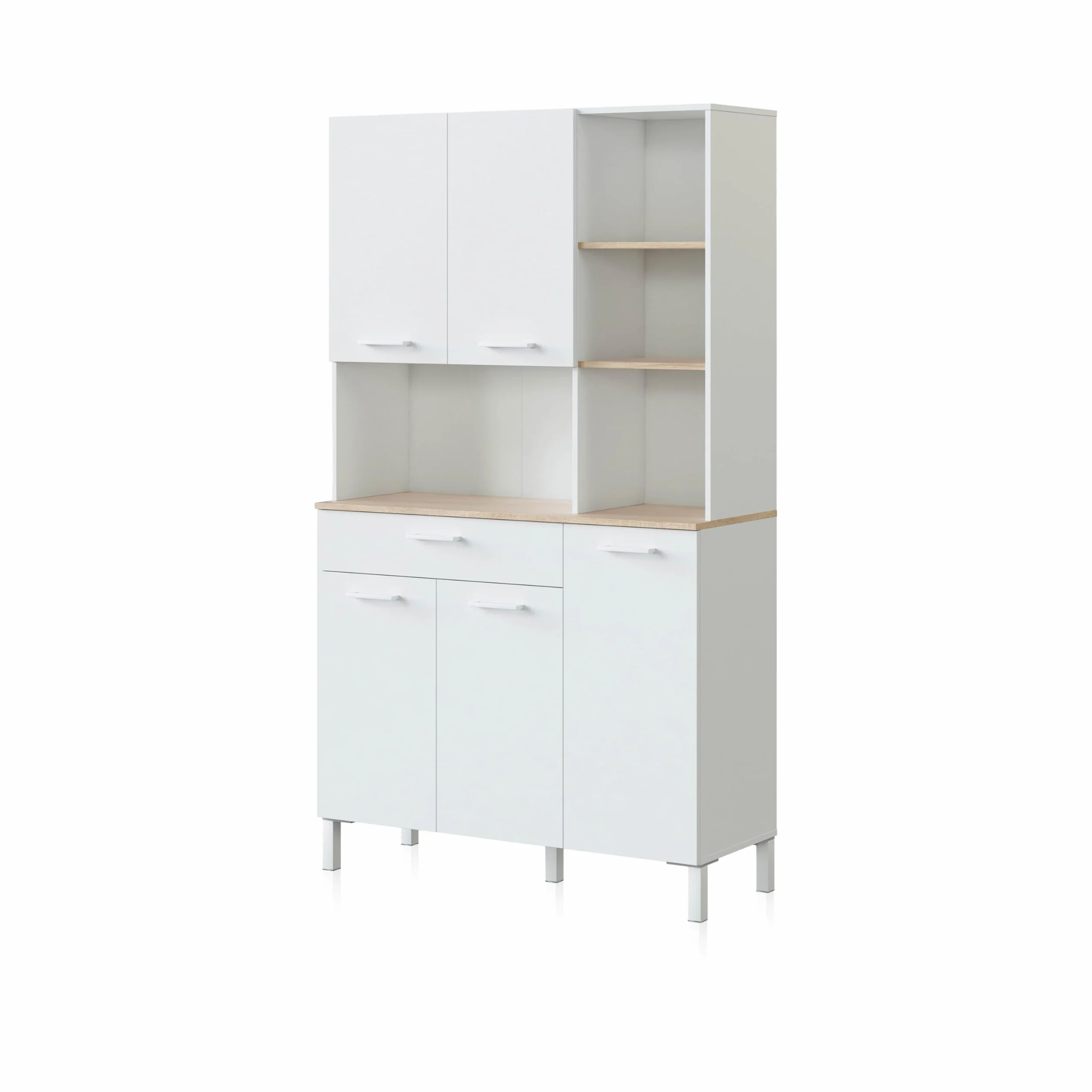duehome | Alacena de Cocina, Mueble Auxiliar 5 Puertas + 1 Cajon y Estante Interior, Modelo Colin, Acabado en Blanco Artik y Roble Canadian, Medidas: 108 cm (Ancho) x 186 cm (Alto) x 40 cm (Fondo)