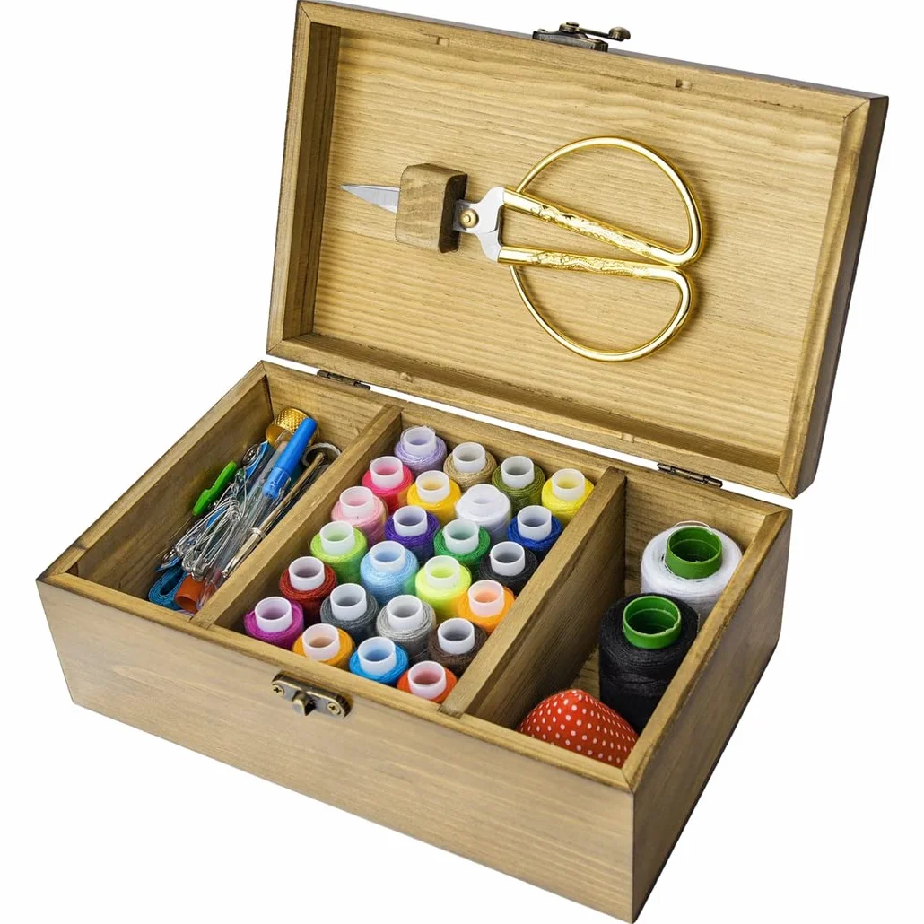 Juego de herramientas de costura con hilo y aguja, kit completo en caja de almacenamiento de madera