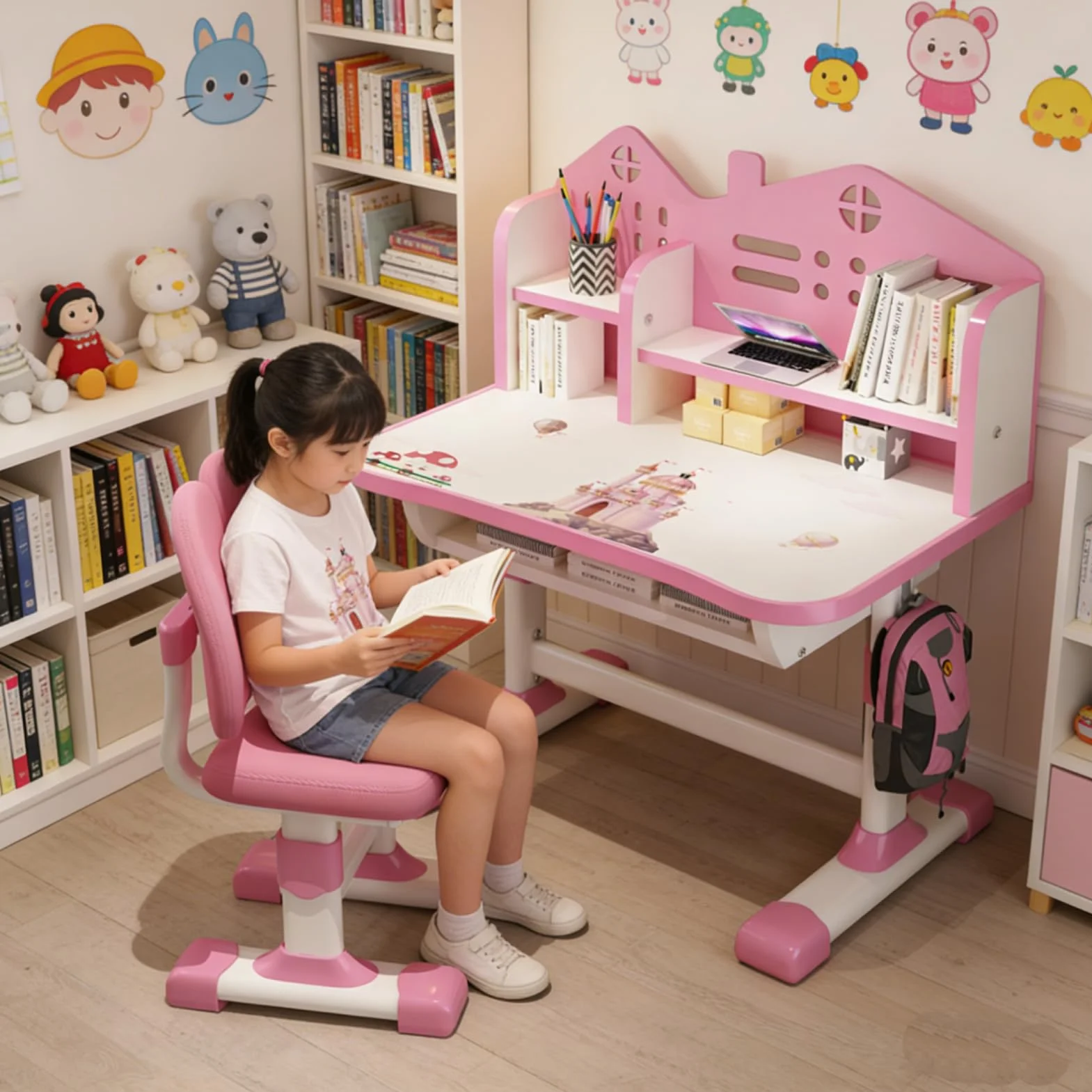 Escritorio de estudio con silla para niños de 3 a 12 años, altura ajustable, juego funcional de escritorio y silla, tablero de densidad, distancia dorada, separación científica, mesas de