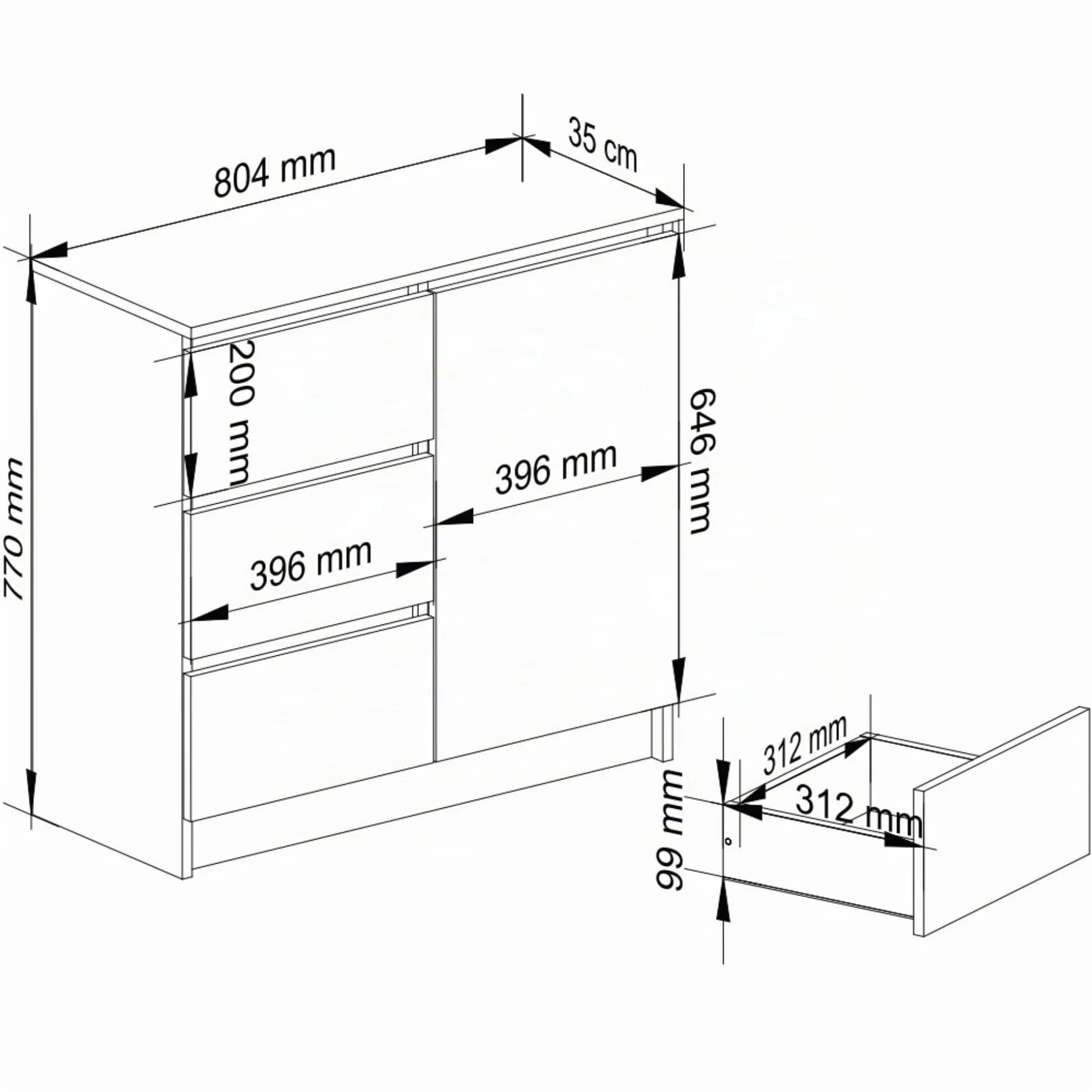AKORD Cómoda Jerry | Cajonero con 1 Puerta 3 Cajones 2 Estantes | Credenza Alta 80 cm | 80x35x77 cm | Blanco & Roble Sonoma Frente