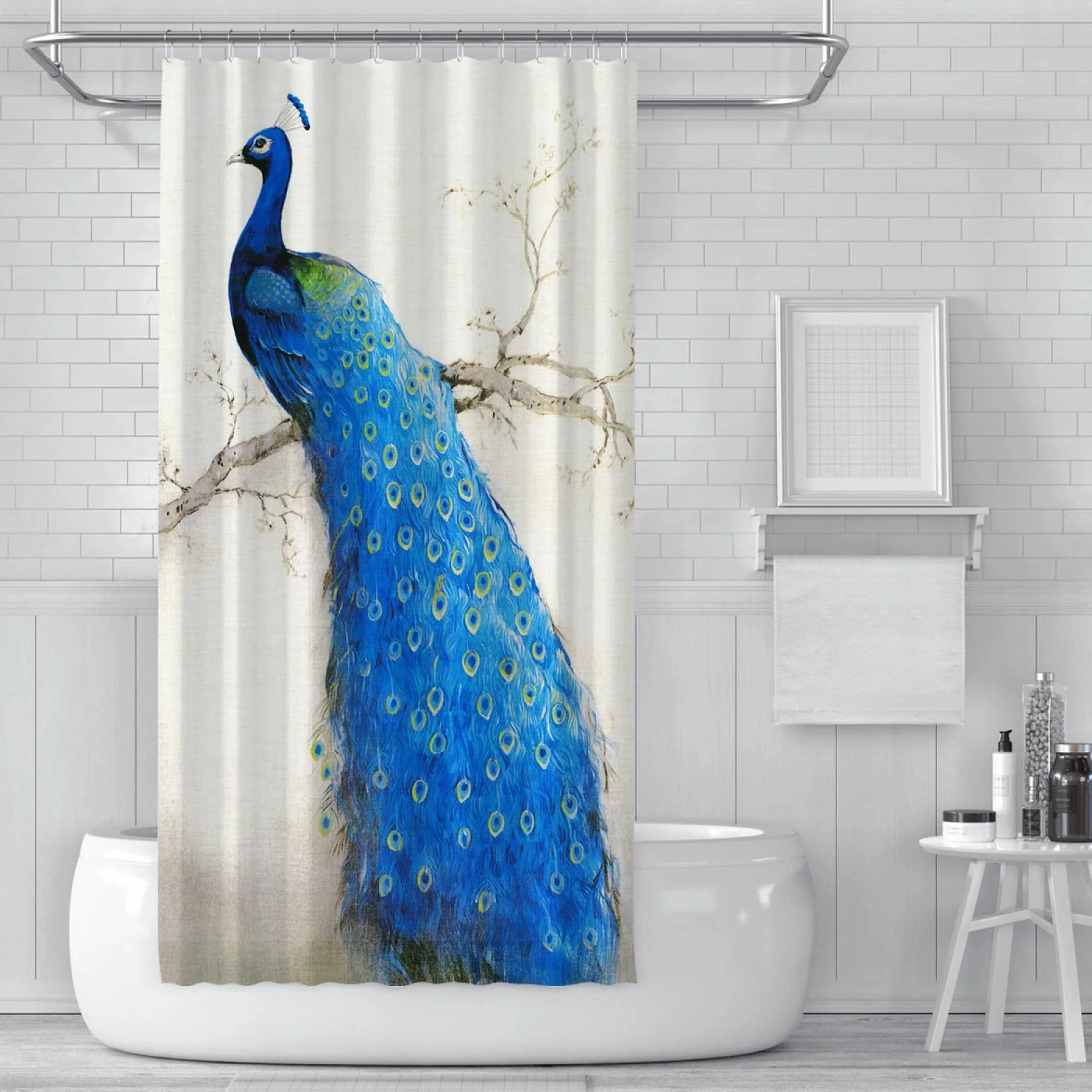 Cortina de Ducha de Pavo Real Azul Decoración de Cortina de baño Familiar Tela Impermeable Cortina de baño húmeda y Seca separada con Ganchos W220xL200cm