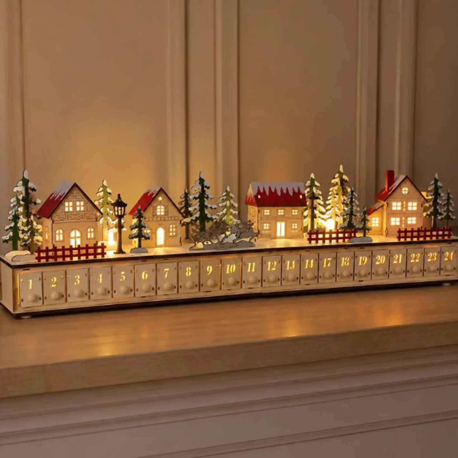 Calendario de Adviento de Madera con Iluminación LED, 24 Cajones (A) | Rueda de Adviento de Madera con Cuenta Regresiva de 24 Días para Decoración Navideña