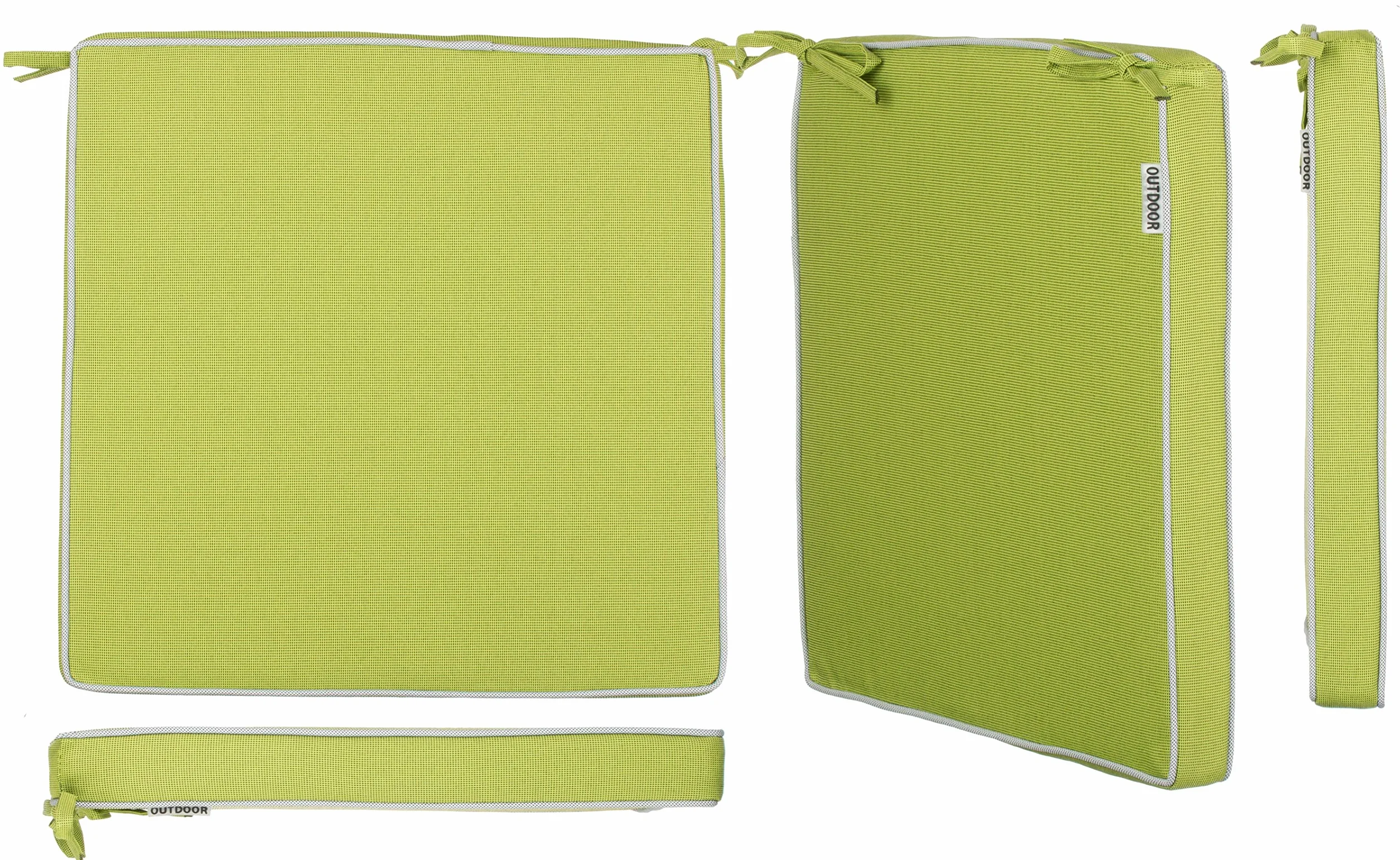 Brandsseller Set de 4 Cojines de asiento 40x40x4 cm – Cojine para silla repelente al Agua y las Manchas con Cintas de Sujeción y Ribete – interior y exterior – Cocina,Terraza, Jardín – Verde