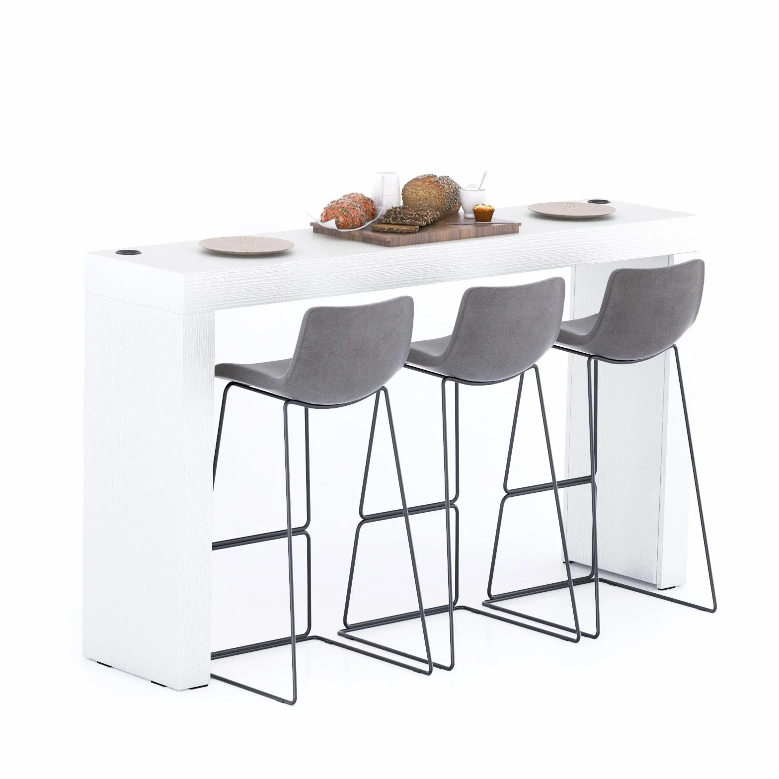 MOBILI FIVER, Mesa Alta Evolution 180x40, Fresno Blanco con Dos Patas y Cargador inalámbrico, Mesa Auxiliar de Cocina para 3 Personas, Made In Italy
