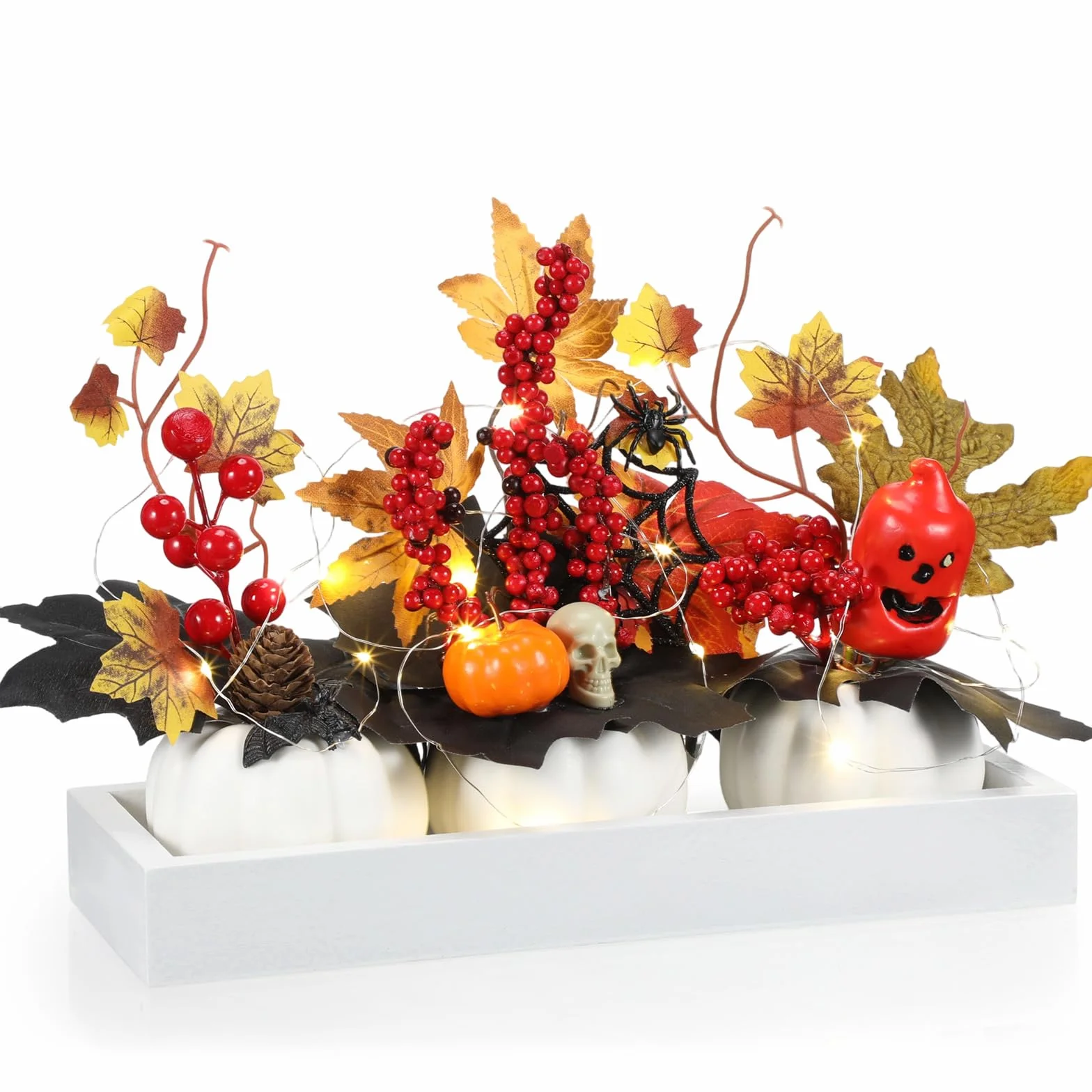 Yalikop Juego de 4 centros de mesa de calabaza de otoño con mini bandeja de madera y luz LED para cosecha, decoración del hogar, cocina, fiesta de Acción de Gracias, centro de mesa (blanco)