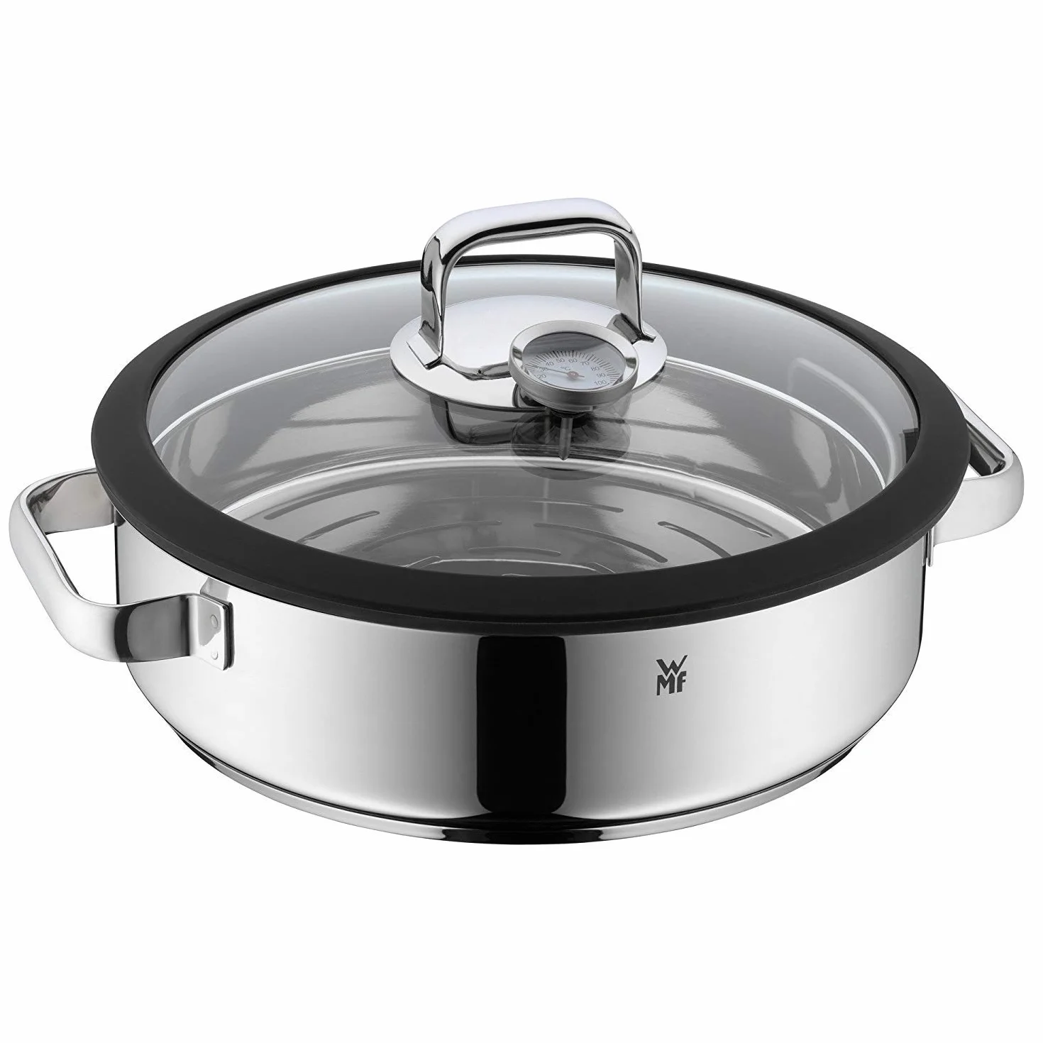 WMF Vitalis - Fuente Redondo de Cocción al Vapor 28 cm Diámetro, Tapa de Cristal con Borde de Silicona, Termómetro, Acero Inoxidable Cromargan Pulido, Apto para Inducción y Lavavajillas, 5 L