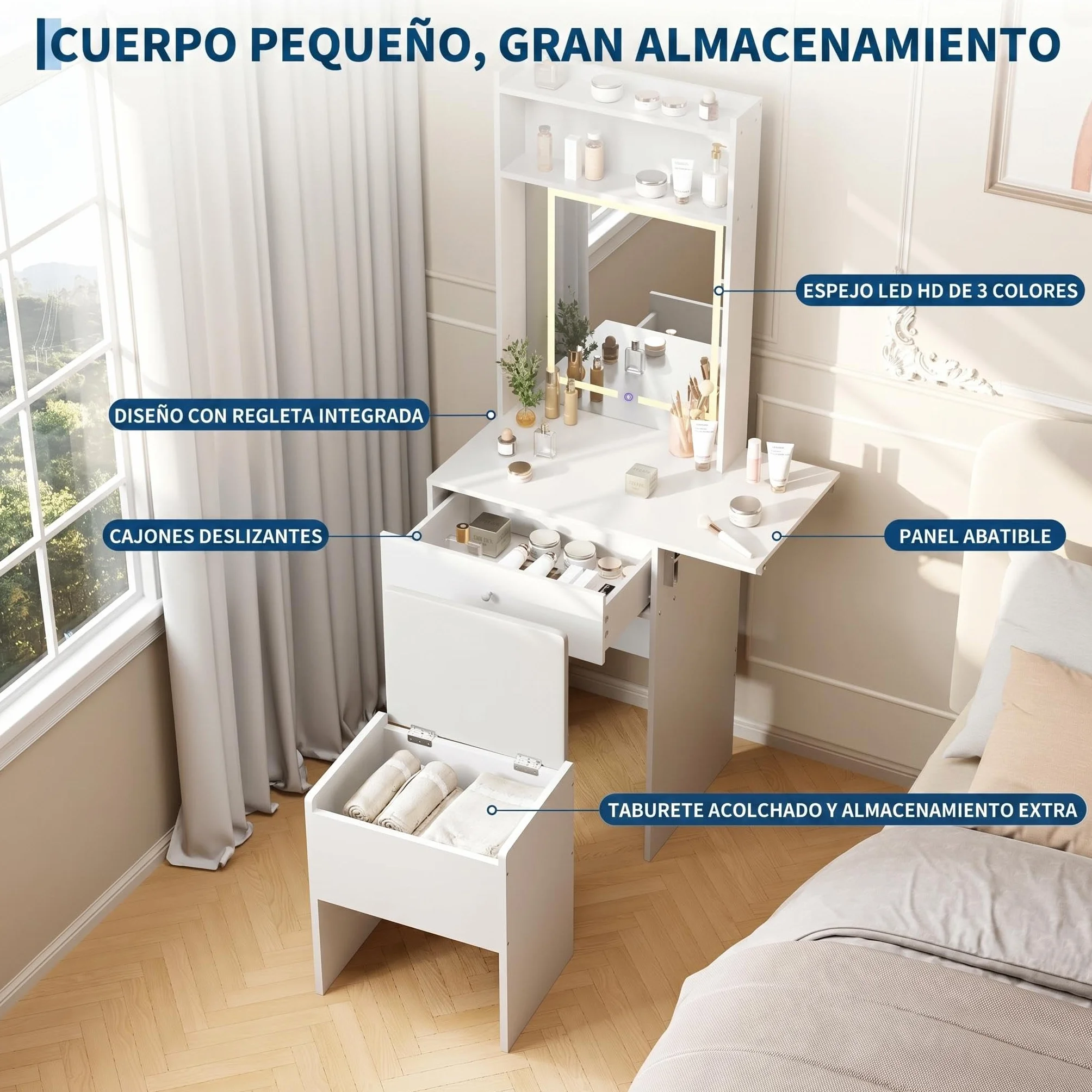 Tocador De Maquillaje Con Luz, Taburete De Almacenamiento, Espejo Y Luces LED Táctiles (3 Colores/3 Modos), Panel Abatible Para Ampliar Encimera, Cajón Grande Y Estantes Abiertos, 50 x 40 x 150,Blanco
