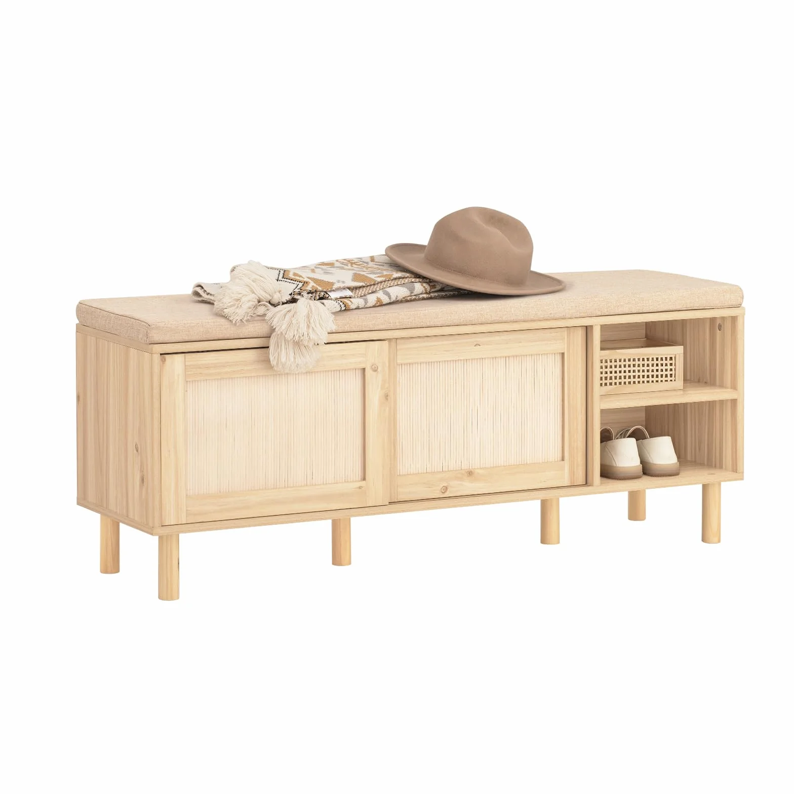 SoBuy Banco Zapatero con Asiento y Almacenaje - Banco Entrada Recibidor con 2 Puertas de Ratán + 2 Estantes Abiertos - Estilo Rústico para Recibidores Dormitorios y Pasillos - 121x35x49cm FSR163-N