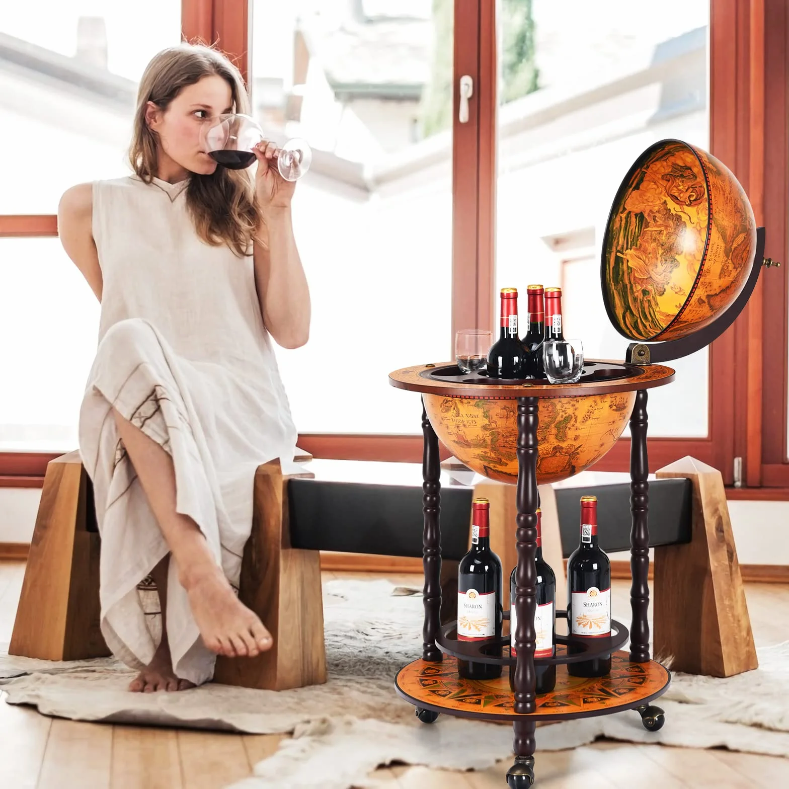 KOMFOTTEU Botellero Bar Globo Terráqueo con Ruedas, Soporte para Botellas de 2 Niveles, Carrito de Bar de Madera, Mueble Minibar para Bebidas, para Restaurante, Fiesta (Marrón, 47 x 47 x 90 cm)