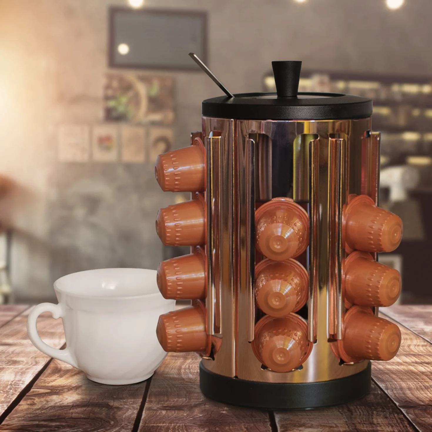 Portacápsulas Café Giratorio 360° Compatible Nespresso Dolce Gusto Organizador 24 Acero Inoxidable