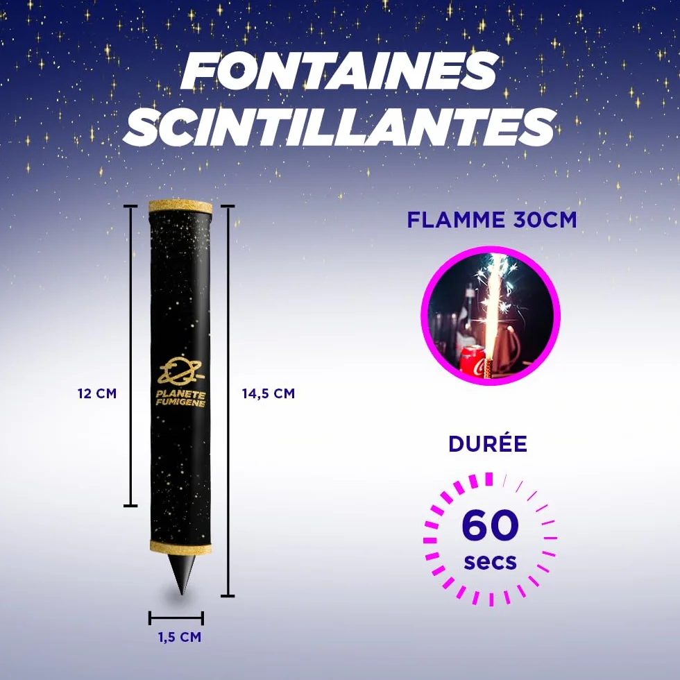 Lote de 100 fuentes para tartas de ambiente para cumpleaños, duración de 1 minuto para tarta y botella de champán, caja de 100 fuentes brillantes y duración: 60 segundos categorie F1