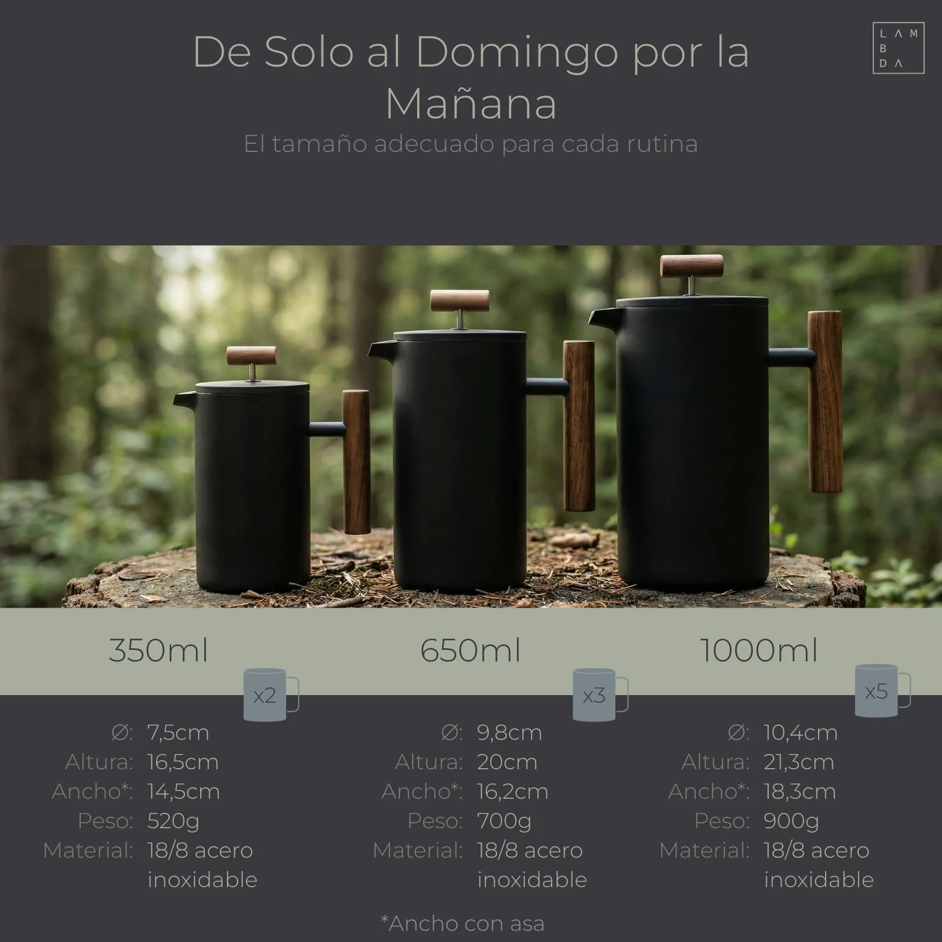 LAMBDA COFFEE Caldera - Prensa térmica francesa (acero inoxidable, 600 ml, 3 tazas, 3 tazas, 3 tamaños disponibles, doble capa: mantiene el calor durante mucho tiempo), color verde