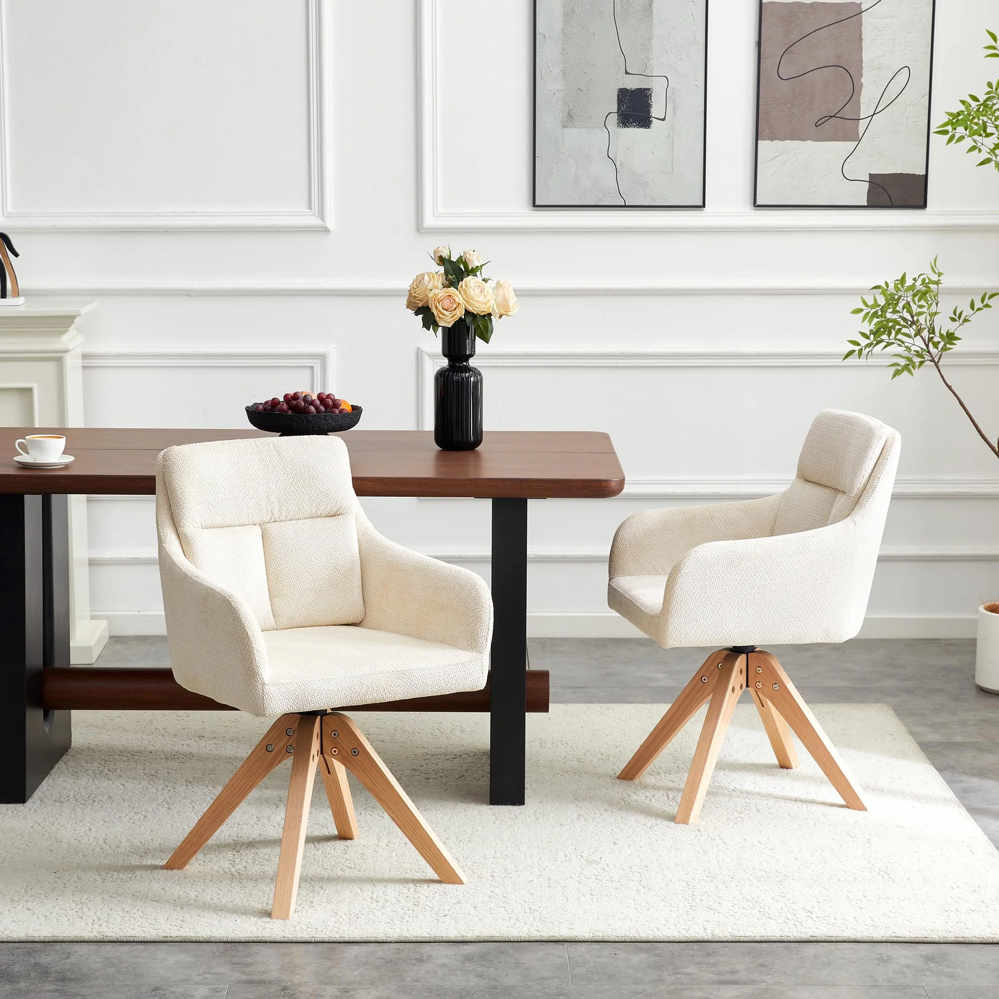 Bladez Juego de 2 sillas de comedor giratorias Bouclé con respaldo alto, silla giratoria de 360°, tela estructural con patas de madera maciza, sillas tapizadas para cocina, salón, color beige