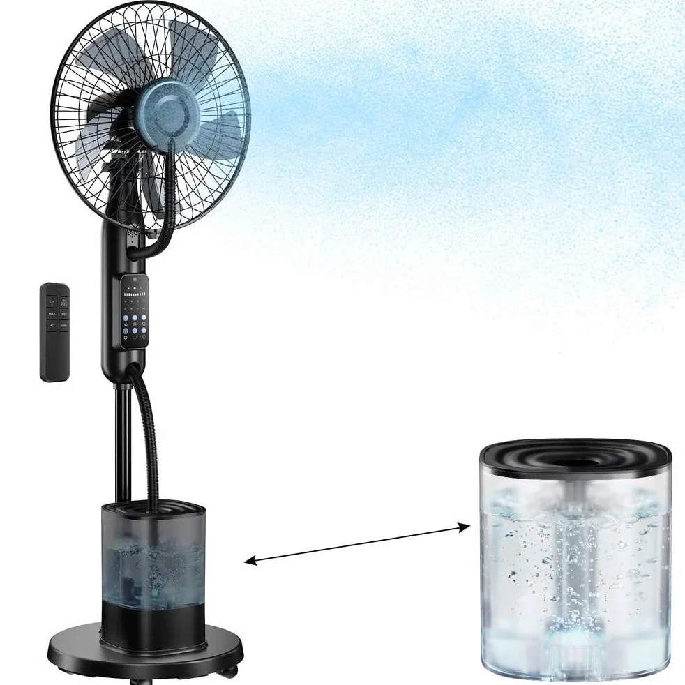 Ventilador de Pie Nebulizador 4L con Mando a Distancia, 5 Velocidades | Gran Depósito Agua, 3 Modos Enfriamiento para Hogar, Dormitorio, Oficina, Salón, Garaje, Terraza y Exteriores en Verano