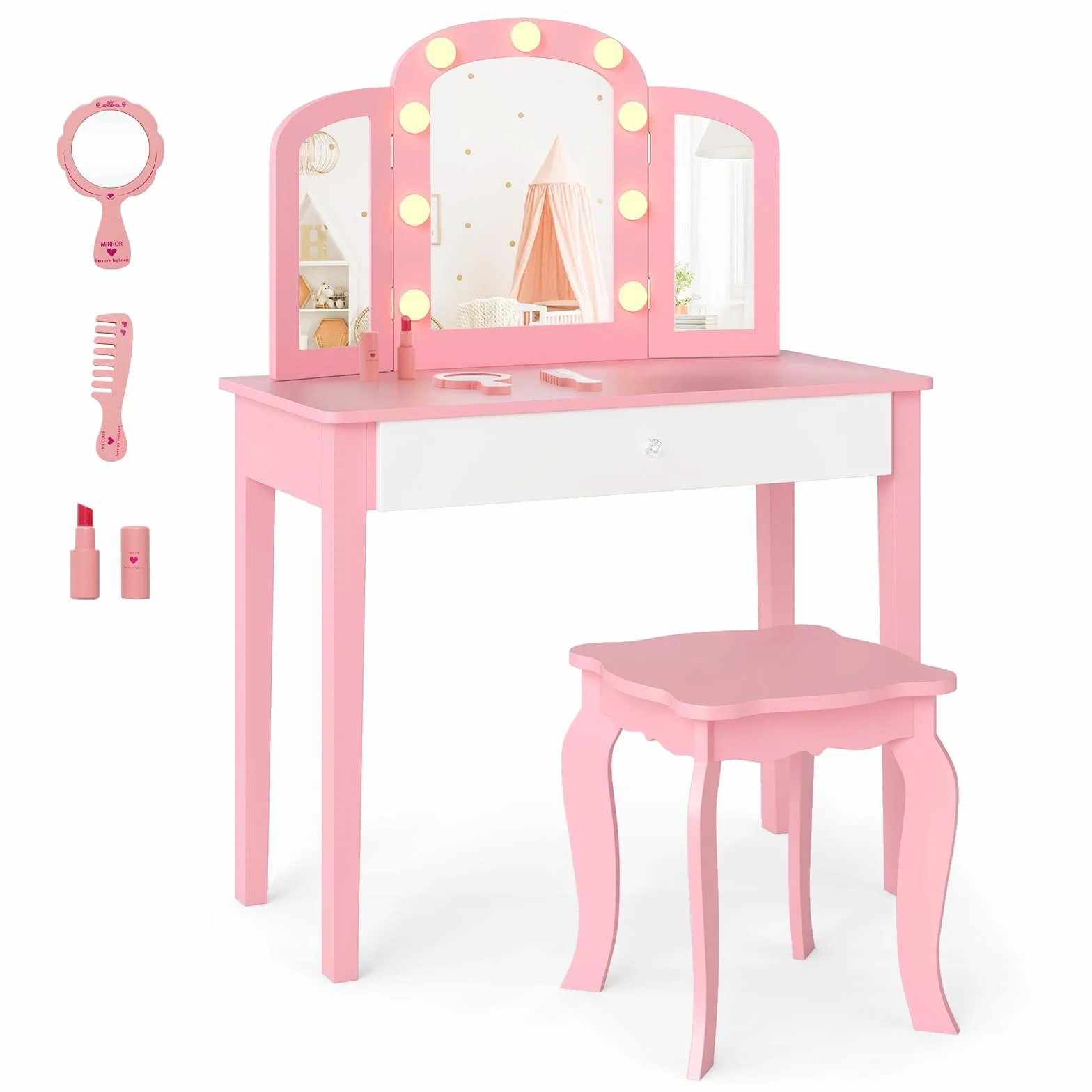 COSTWAY Tocador Niña, Escritorio de Maquillaje 2 en 1 con Espejo Desmontable, 3 Colores de Luz, Brillo Ajustable, Taburete, Cajón, Tocador de Maquillaje para Niña de 3+ Años (Rosa con Luces)
