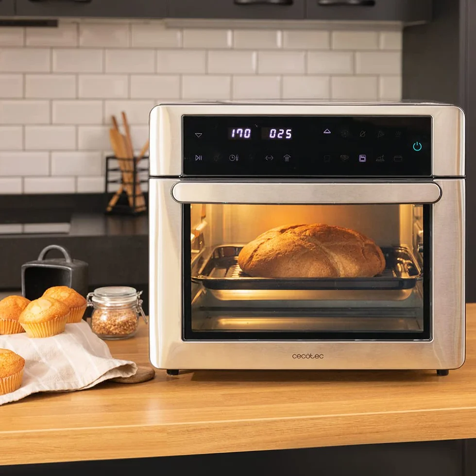 Cecotec Horno Freidora de Aire Caliente Bake&Fry 3000 Touch Steel. 1600 W, 30 Litros, Convección, Pantalla Táctil, 9 Funciones, Temperatura y Altura Regulable, Acero Inoxidable