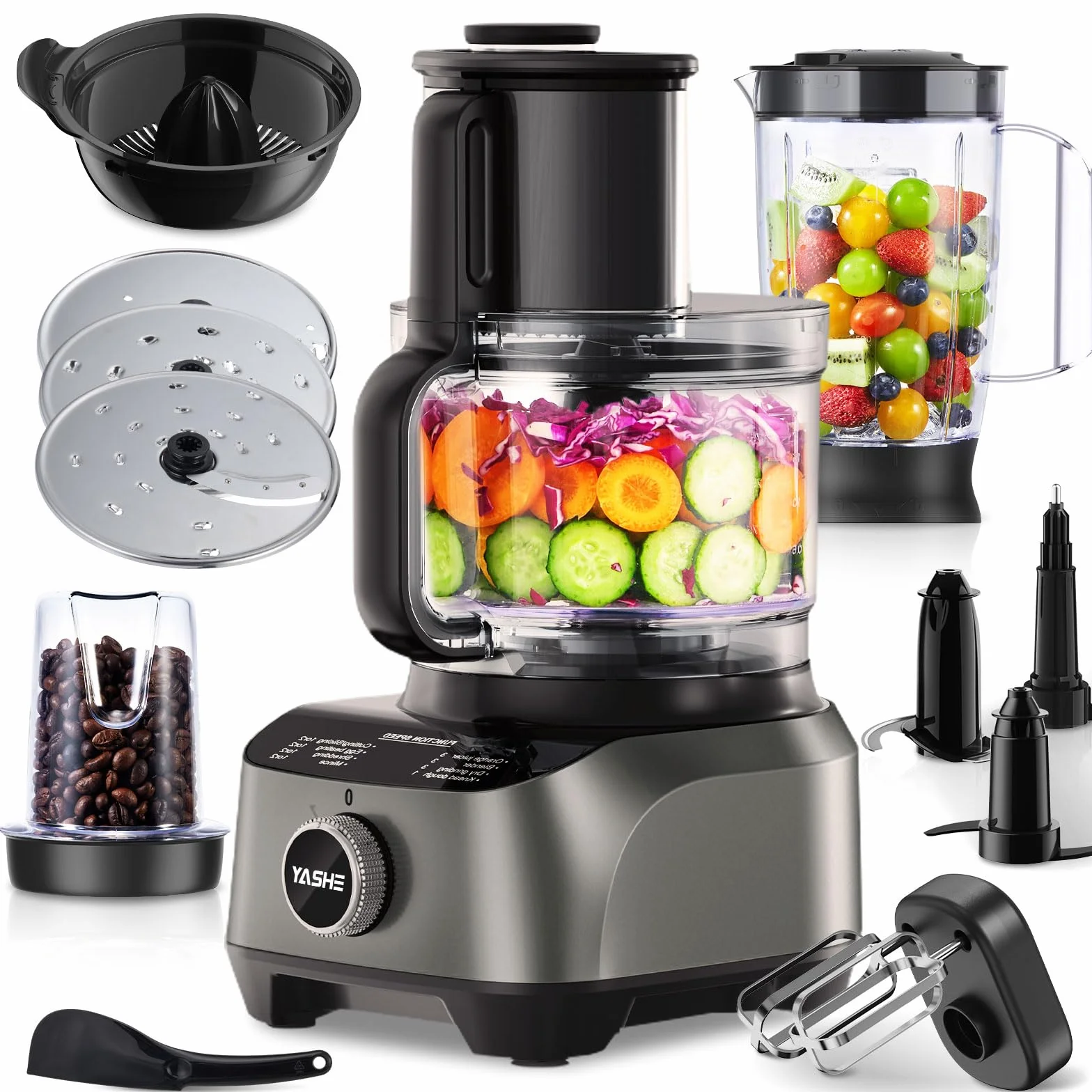 YASHE Procesador de Alimentos Multifuncional, 2,5L Bol & 1,5L Jarra, Batidora, Grinder, Exprimidor, Amasadora, Picadora, Cortadora & Ralladora, 3 Velocidades + Pulse, Bloqueo de Seguridad, 1300W