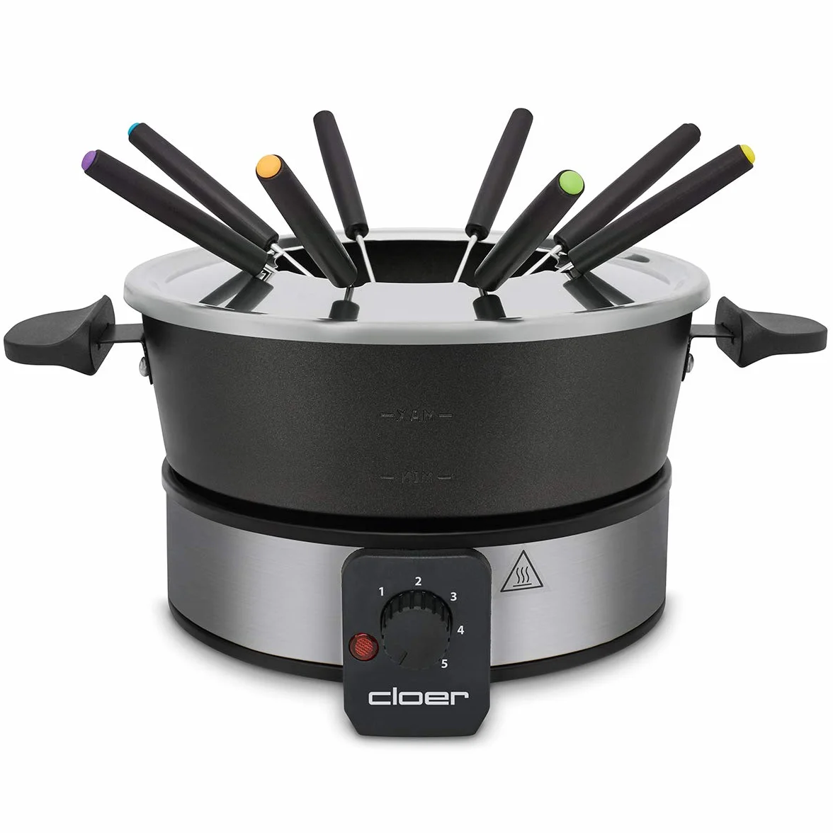 Cloer 6679 Fondue para 8 personas, olla de aluminio revestida, protector contra salpicaduras extraíble, 8 tenedores para fondue de diferentes colores, 1.5 l, 1000 vatios, plateado y negro