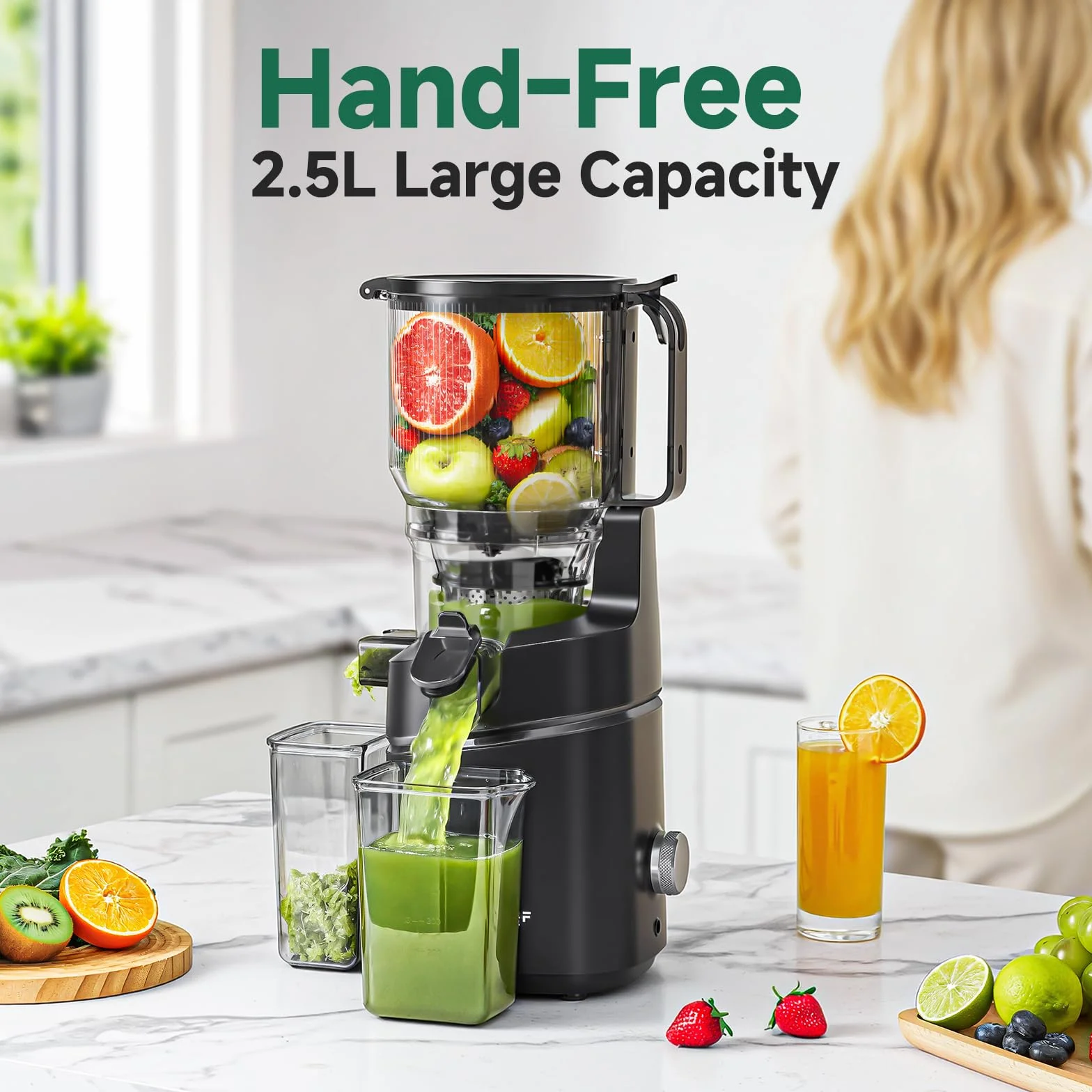 AMZCHEF Licuadora para Verduras y Frutas con 2 Modos de Velocidad - Licuadora Prensado en Frio con Función Inversa - Extractor de Zumos y Verduras con Botella Portátil y 2 Tazas - Negro Juicer