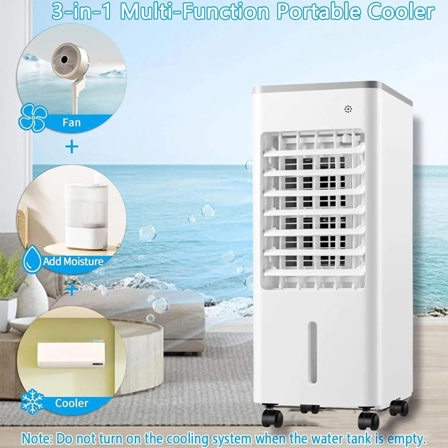 Climatizador Portátil Evaporativo,Oscilación 90°,3 Velocidades y Modo Sueño | Enfriador de Aire con Cristales de Hielo 75W Bajo Consumo, Depósito 4,1-6L,con Mando a Distancia y Ruedas para ，Blanco