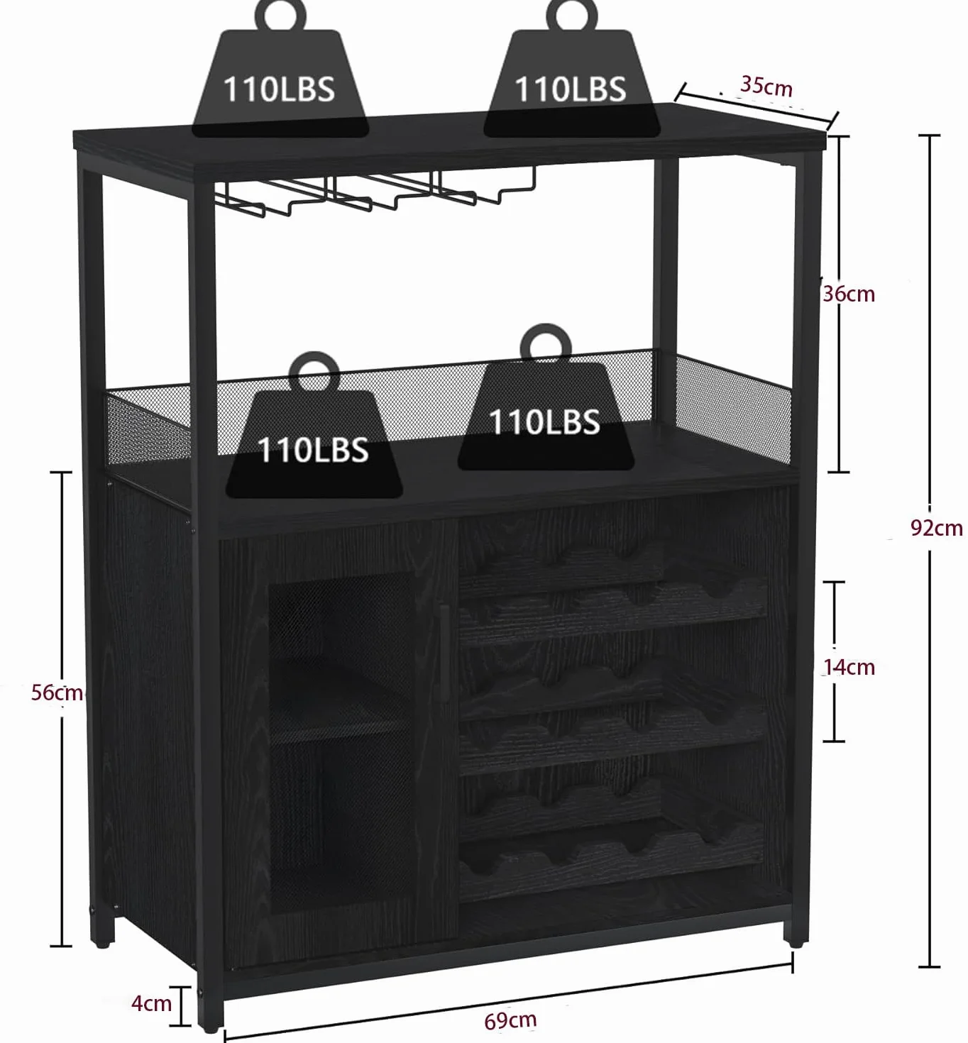 Garvee Botellero Industrial con Estante Ajustable para Vino y Soporte para Copas, Armario para Bebidas para Cocina, Comedor, Salón, 70x35x92 cm, Negro