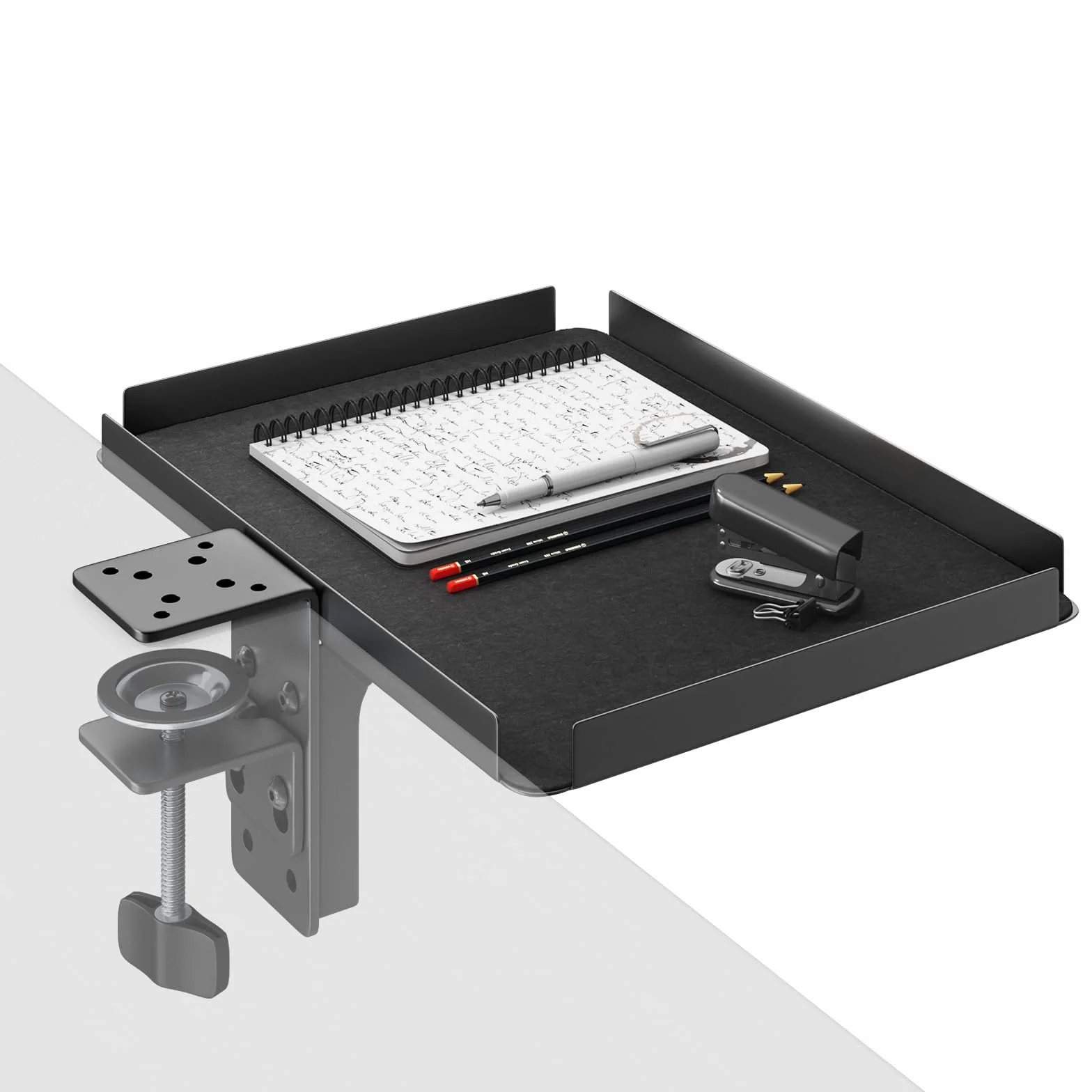 Bandeja de Escritorio con Pinza | Ajustable hasta 60mm | Capacidad 15kg | Organizador Oficina y Teletrabajo | Negro (30,4x22,7cm)