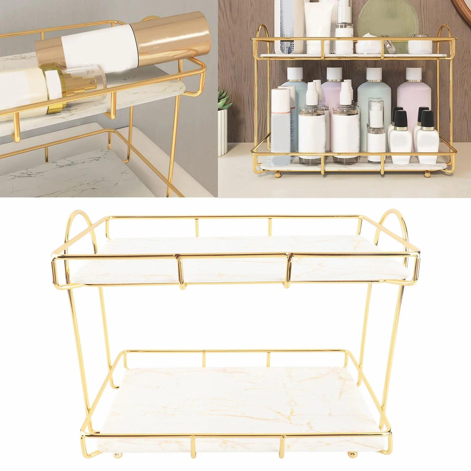 Asixxsix Organizador de baño, Bandeja de tocador Multiusos de 2 Niveles con Revestimiento Dorado para lociones, Maquillaje, cosméticos, perfumes, detergente y Especias, Dorado (L)