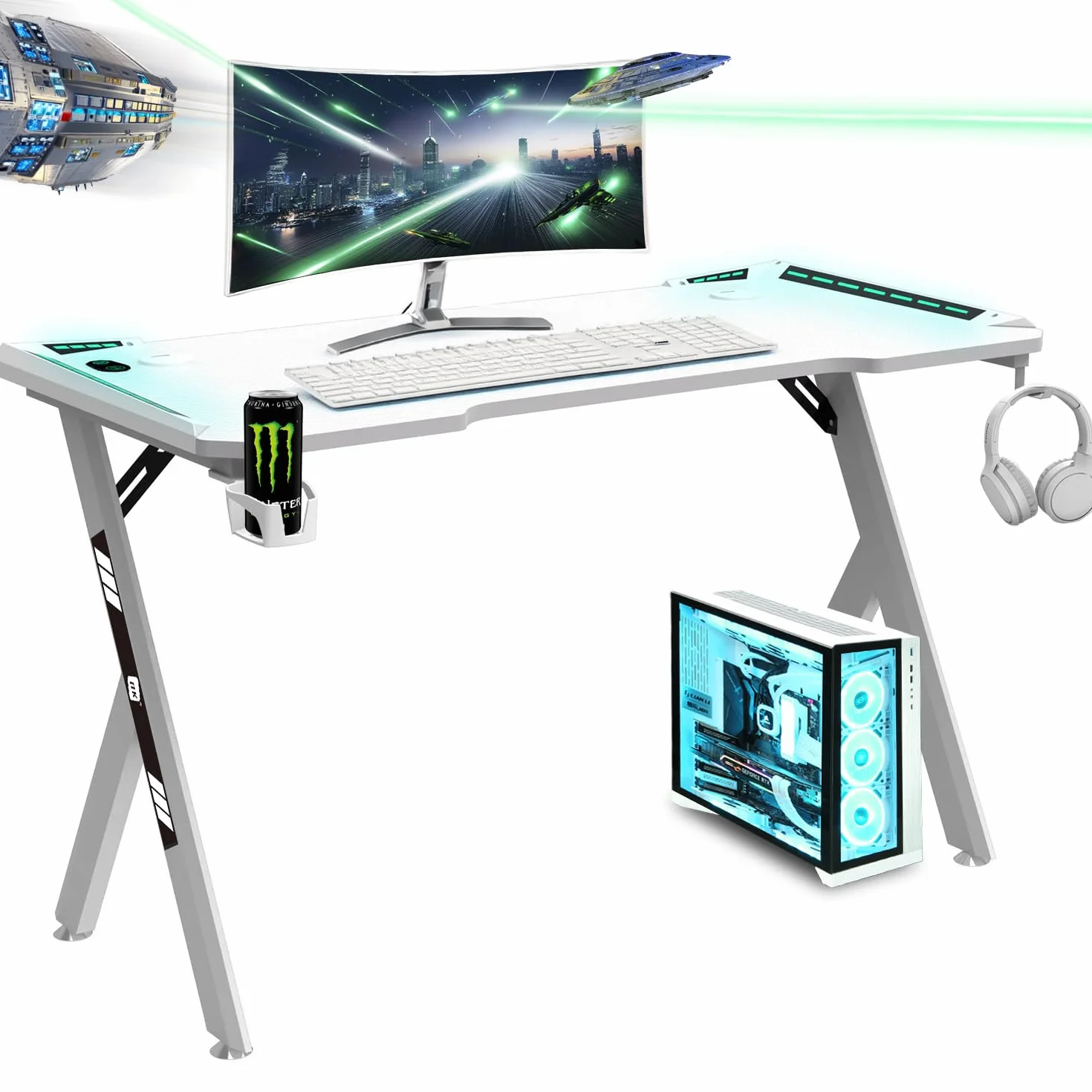 NK Mesa Escritorio Gaming con LED (120x60cm) - Portavasos y Botellas, Soporte Auriculares/Cascos, Gestión de Cables, Gaming Desk, Tabla 1.5cm (Resistencia) Peso Máximo 100kg (Blanco)