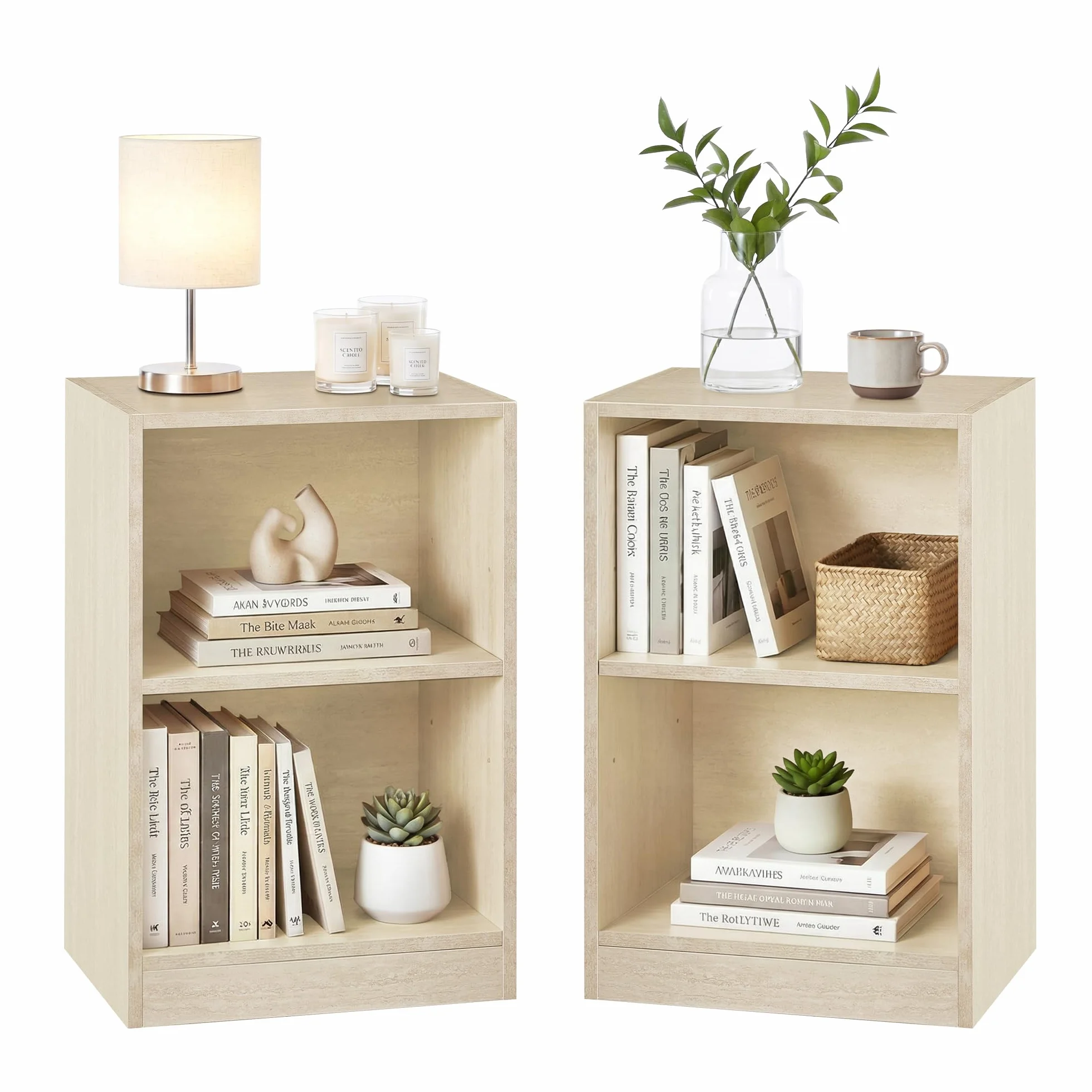 VASAGLE Custos Colección - Juego de 2, Mesita de Noche con Compartimentos Abiertos, Mesa Auxiliar con Balda Ajustable, Doble Uso, Montaje Fácil, Dormitorio, Salón, Beige Travertino LET866LA01